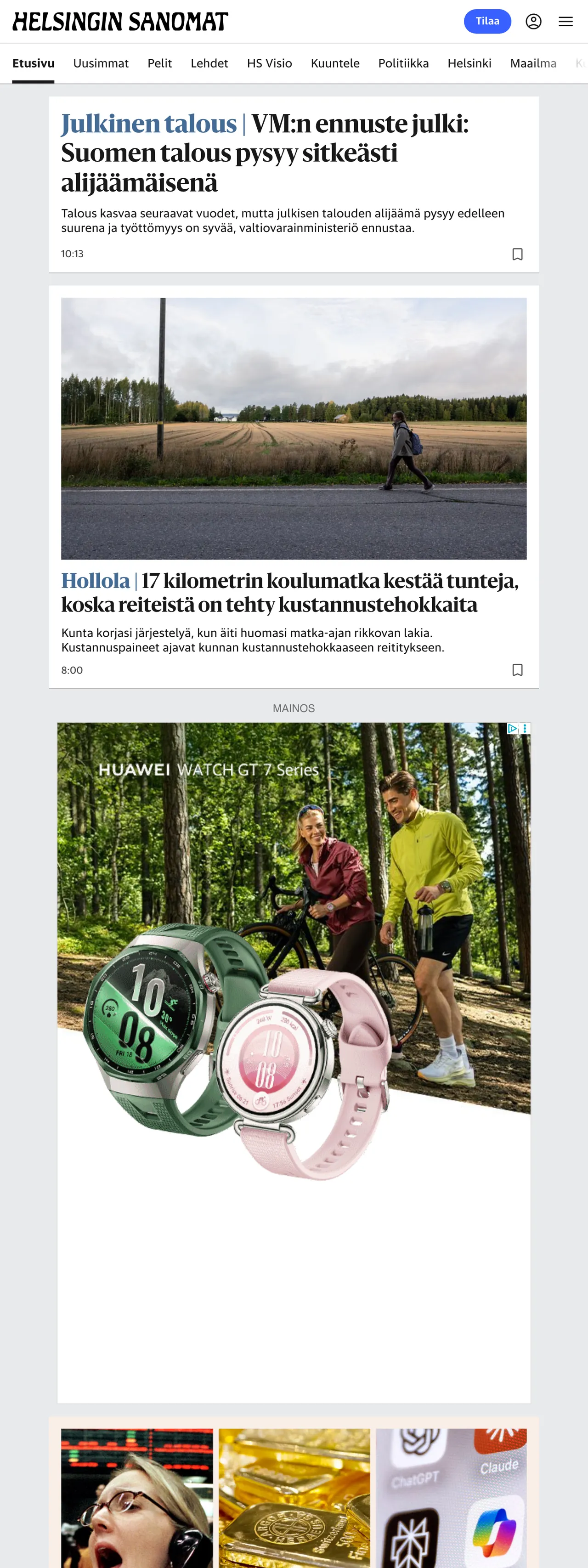 Screenshot of the Helsingin Sanomat front page