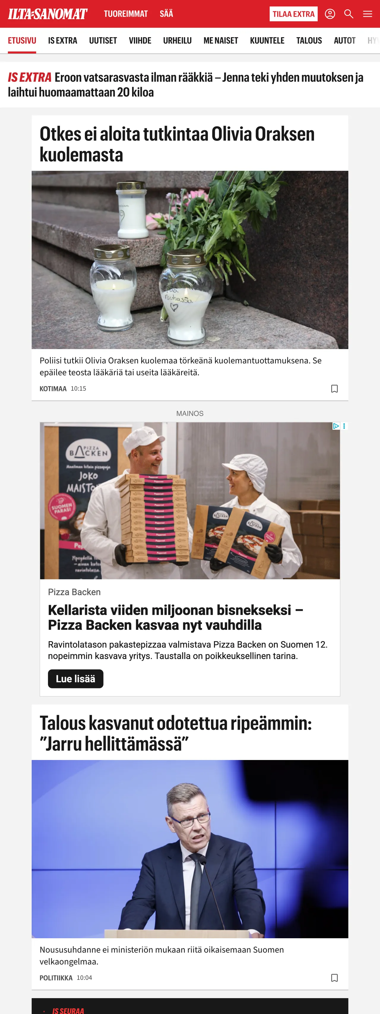 Screenshot of the Ilta-Sanomat front page
