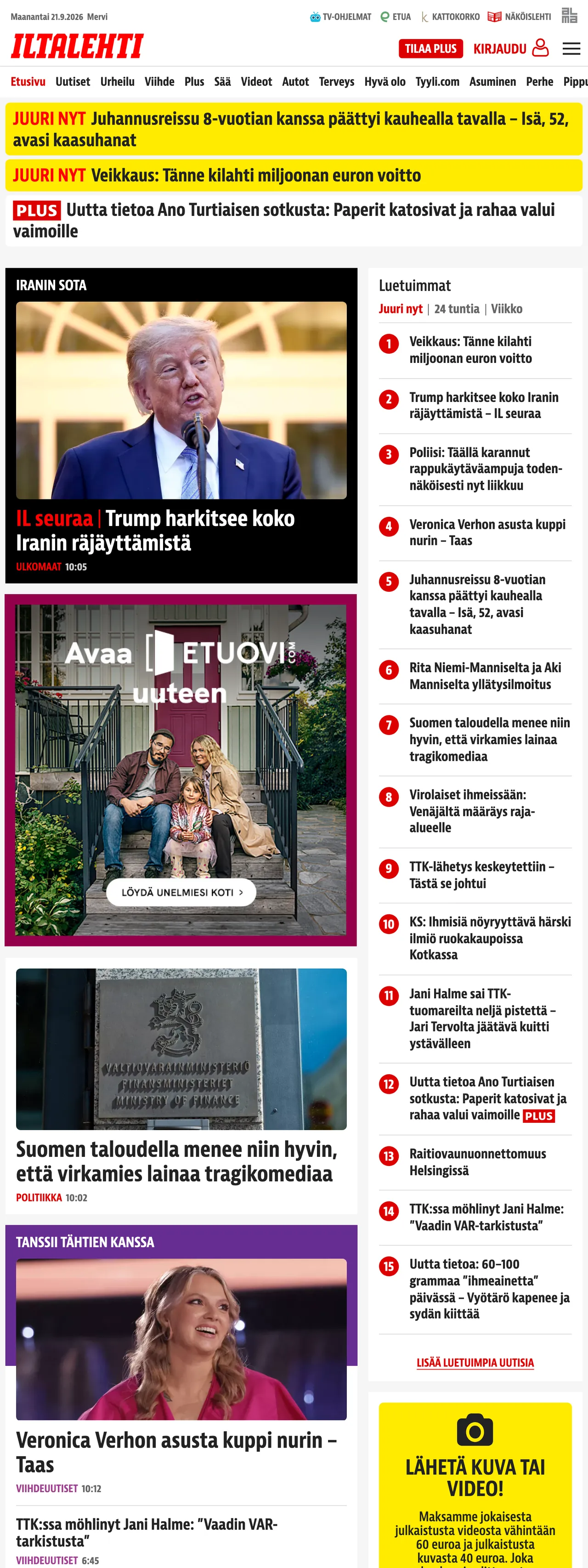 Screenshot of the Iltalehti front page