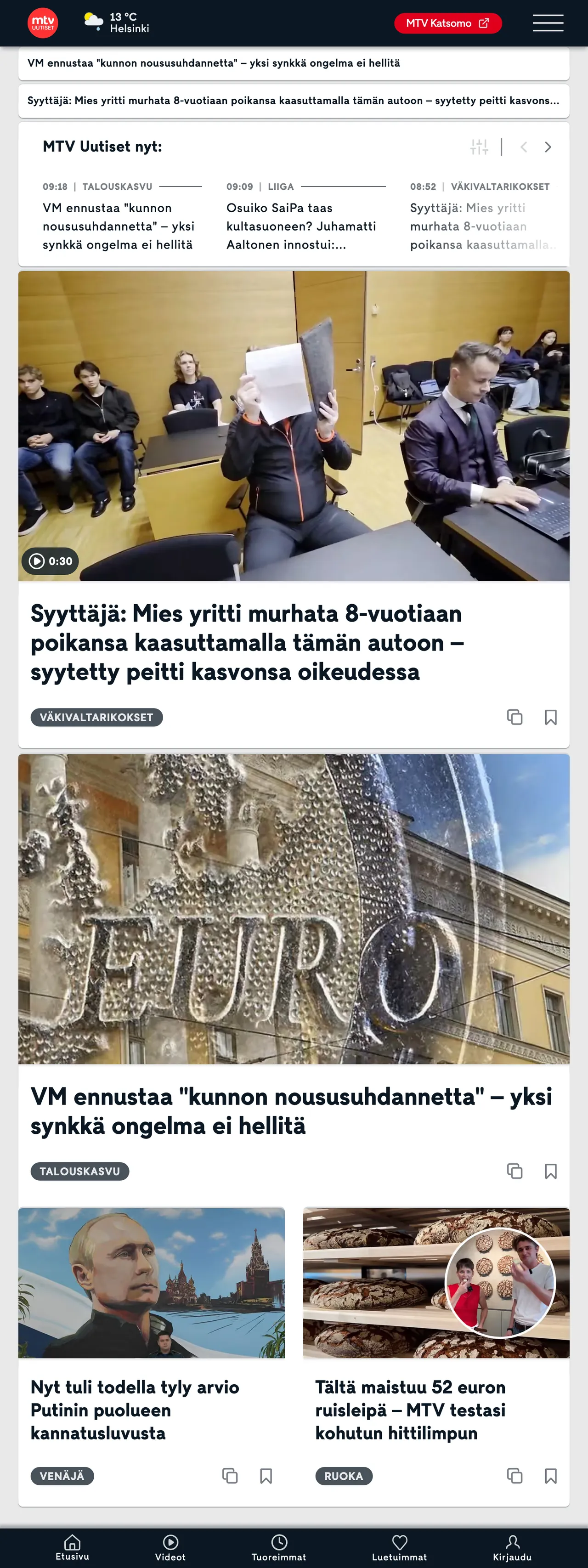 Screenshot of the MTV Uutiset front page