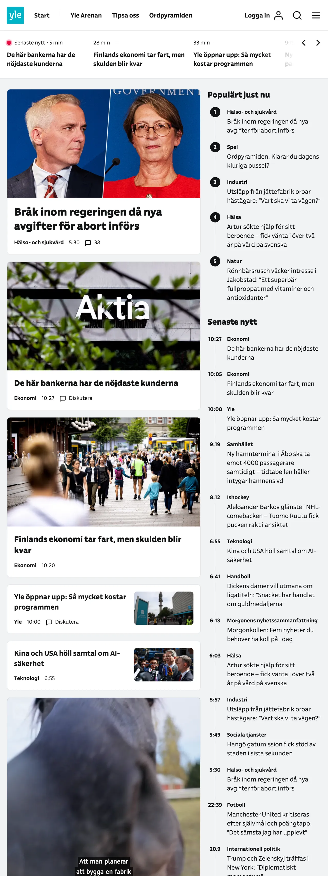Screenshot of the Svenska Yle front page