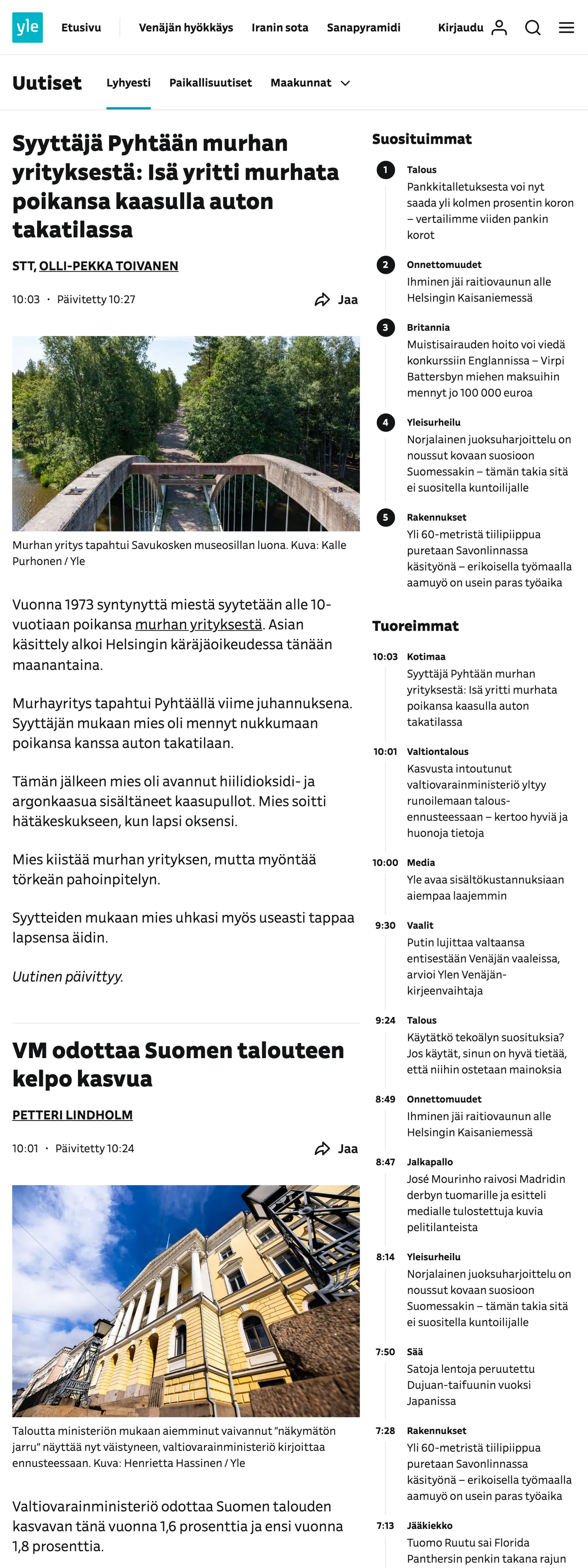 Screenshot of the Yle front page