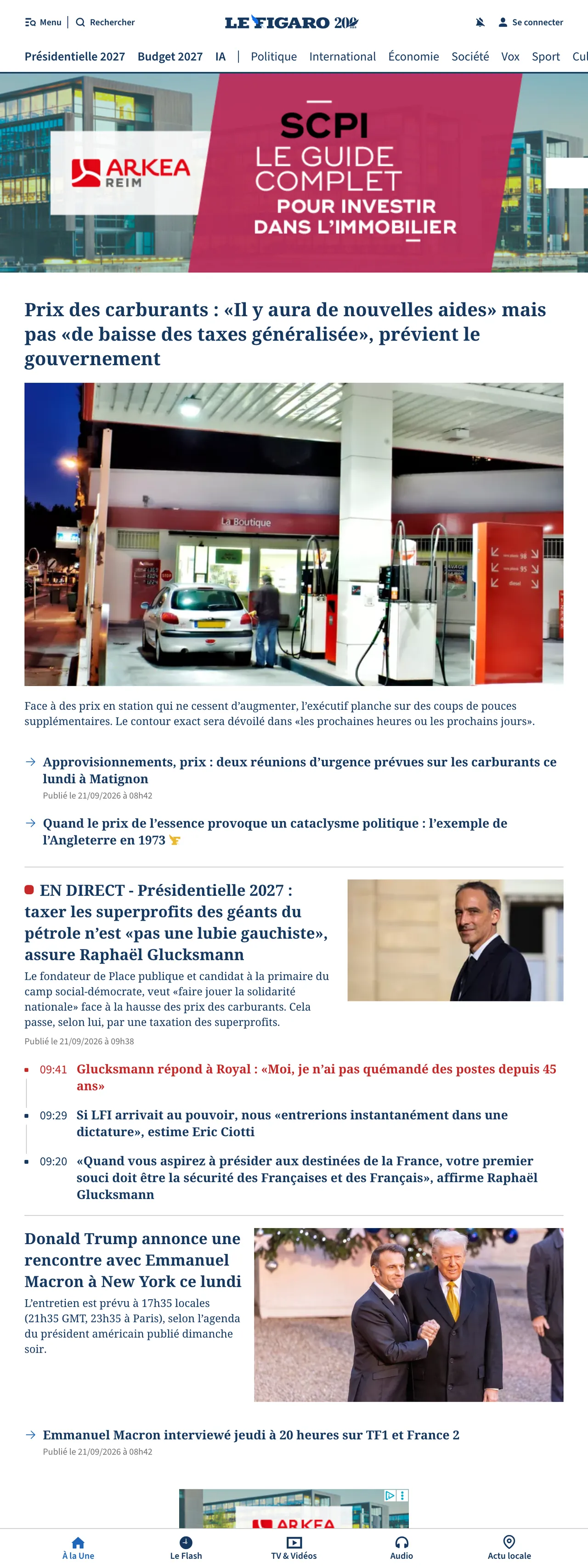 Screenshot of the Le Figaro front page