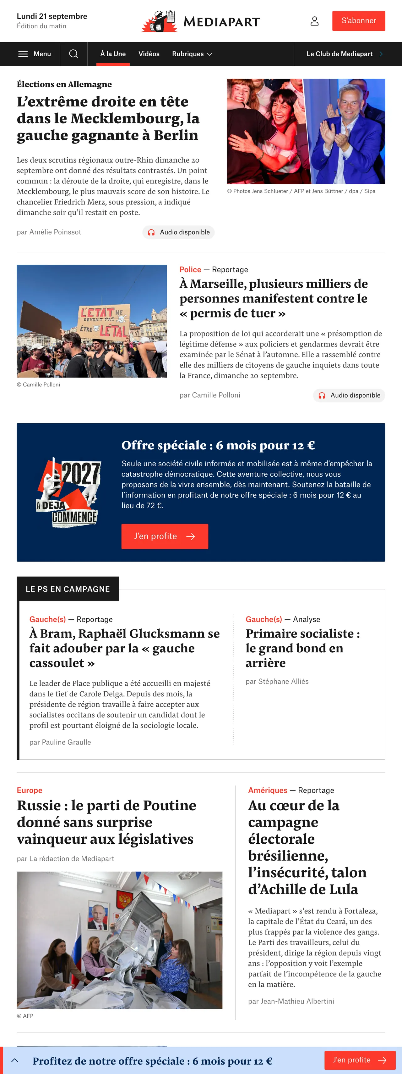 Screenshot of the Mediapart front page