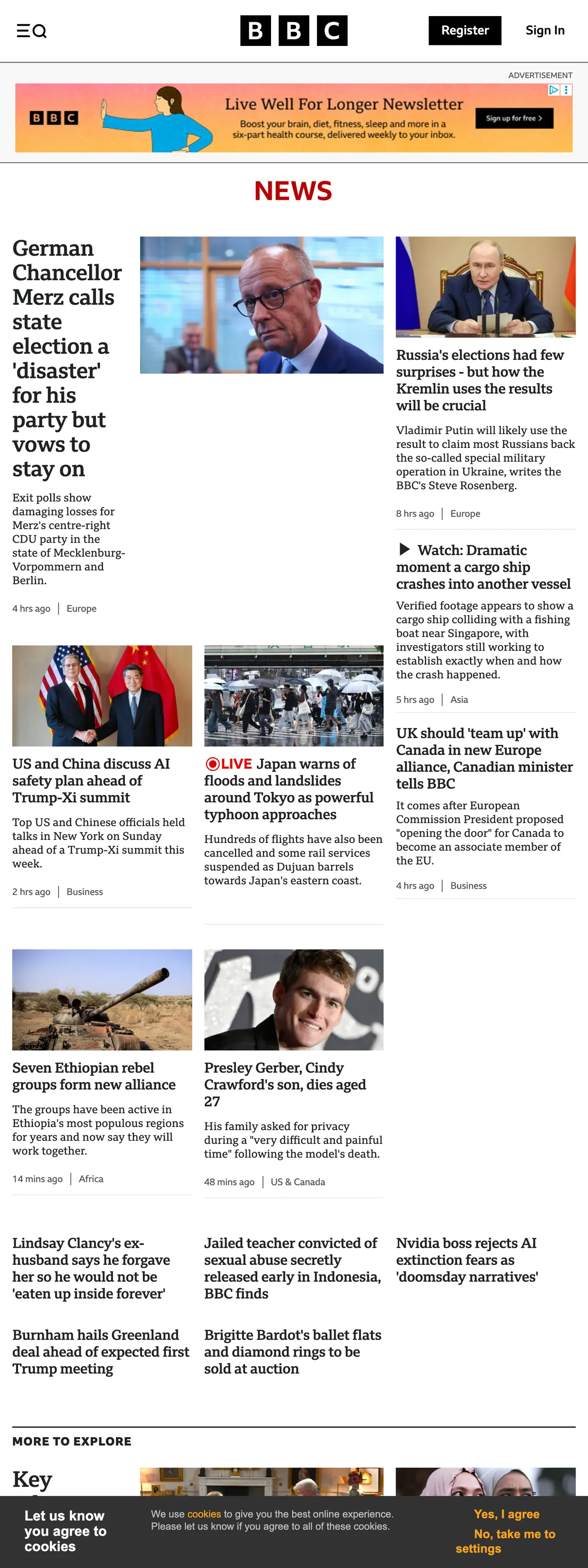 Screenshot of the BBC News front page