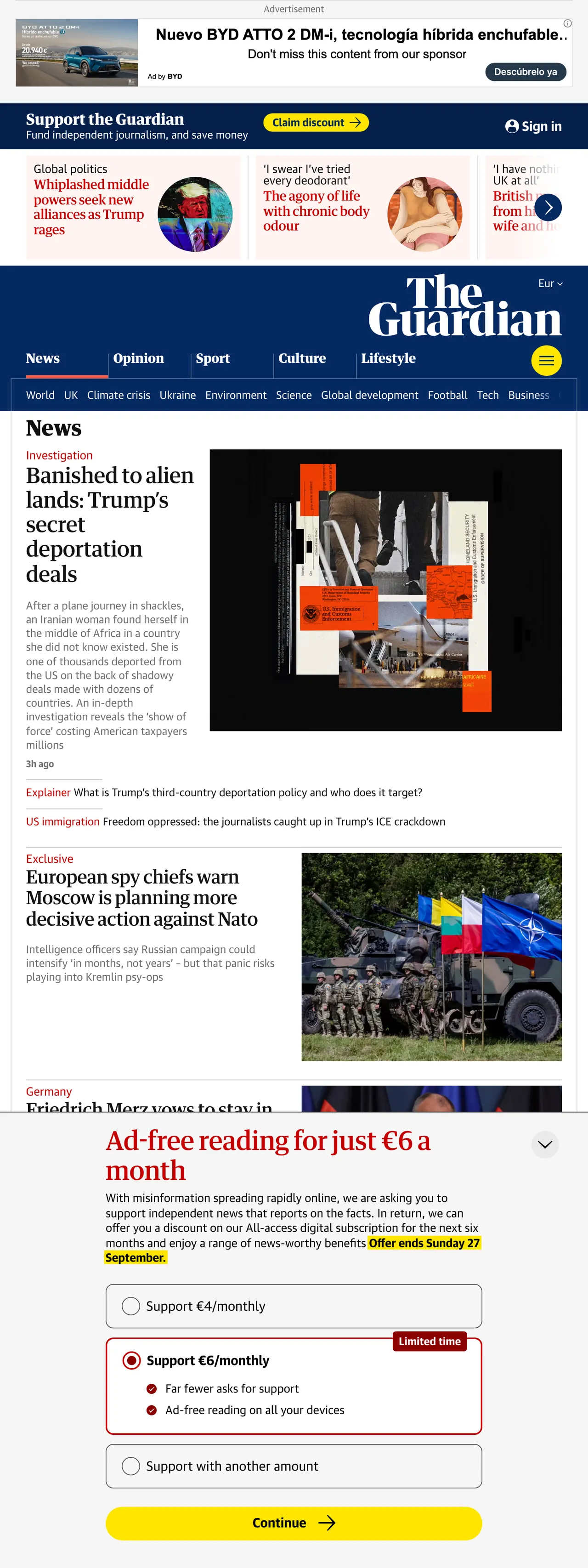 Screenshot of the The Guardian front page