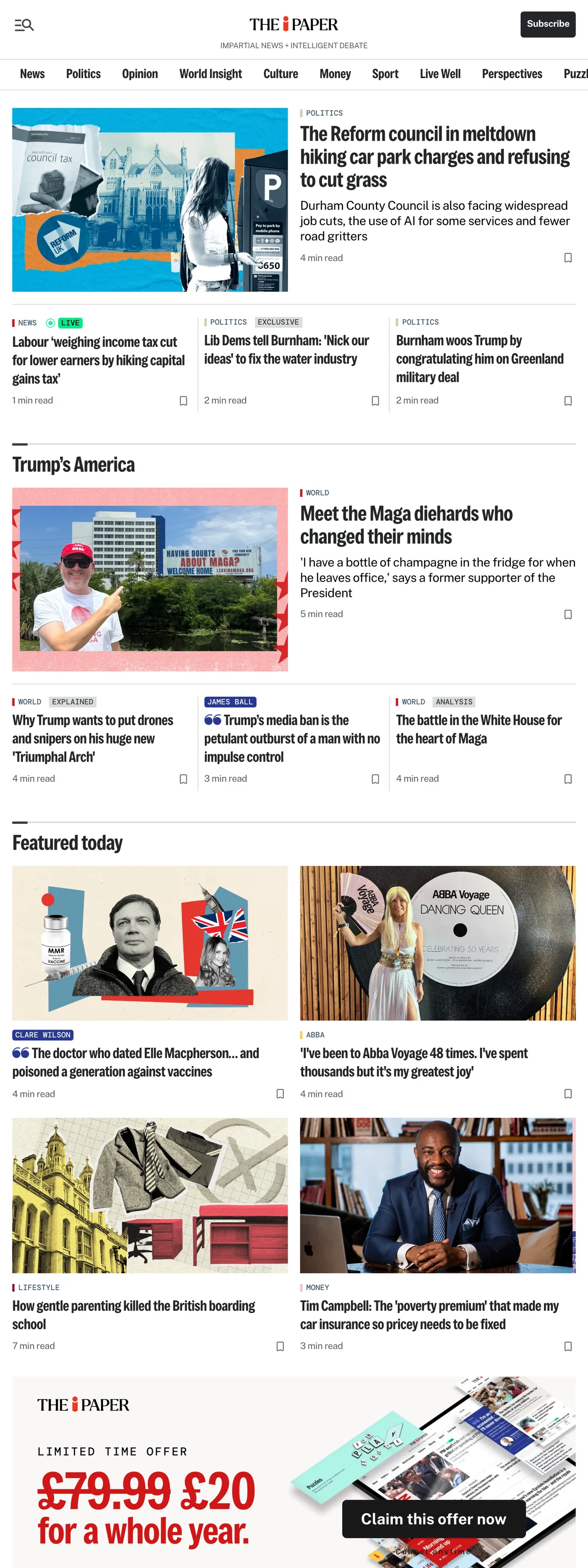 Screenshot of the The i Paper front page