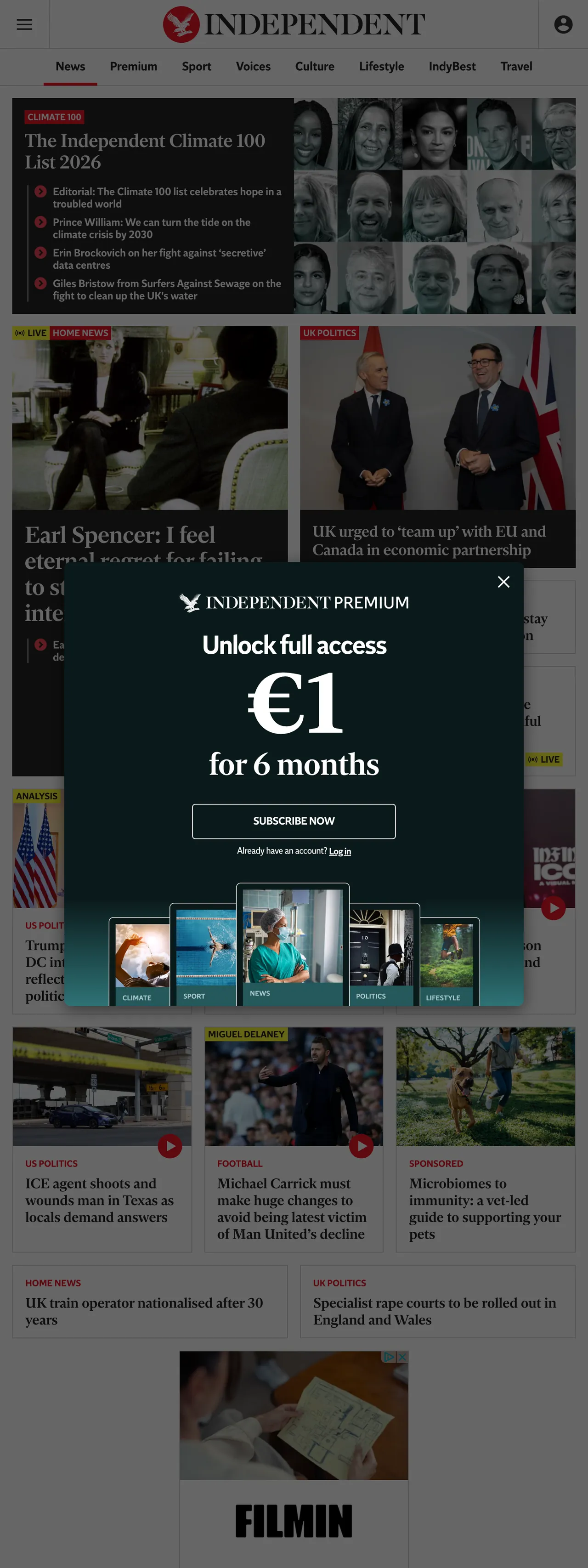 Screenshot of the The Independent front page