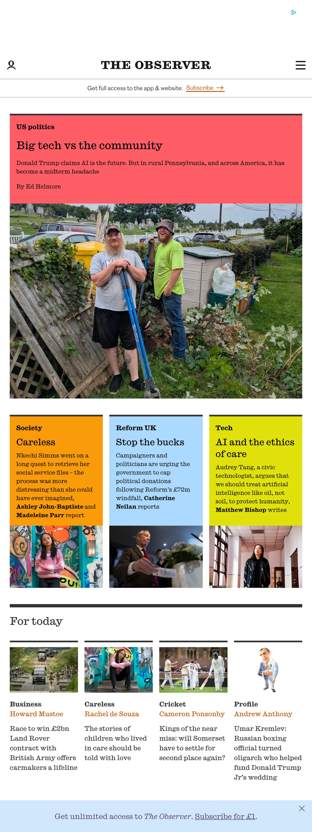 Screenshot of the The Observer front page