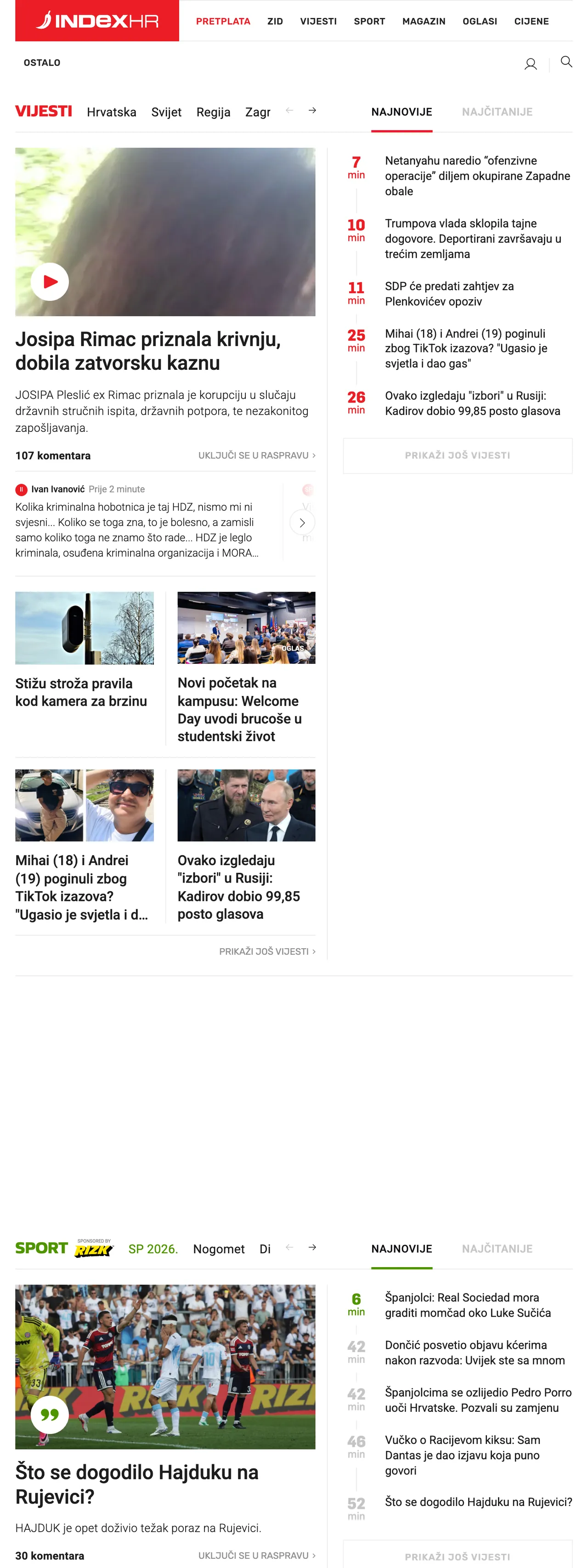 Screenshot of the Index.hr front page