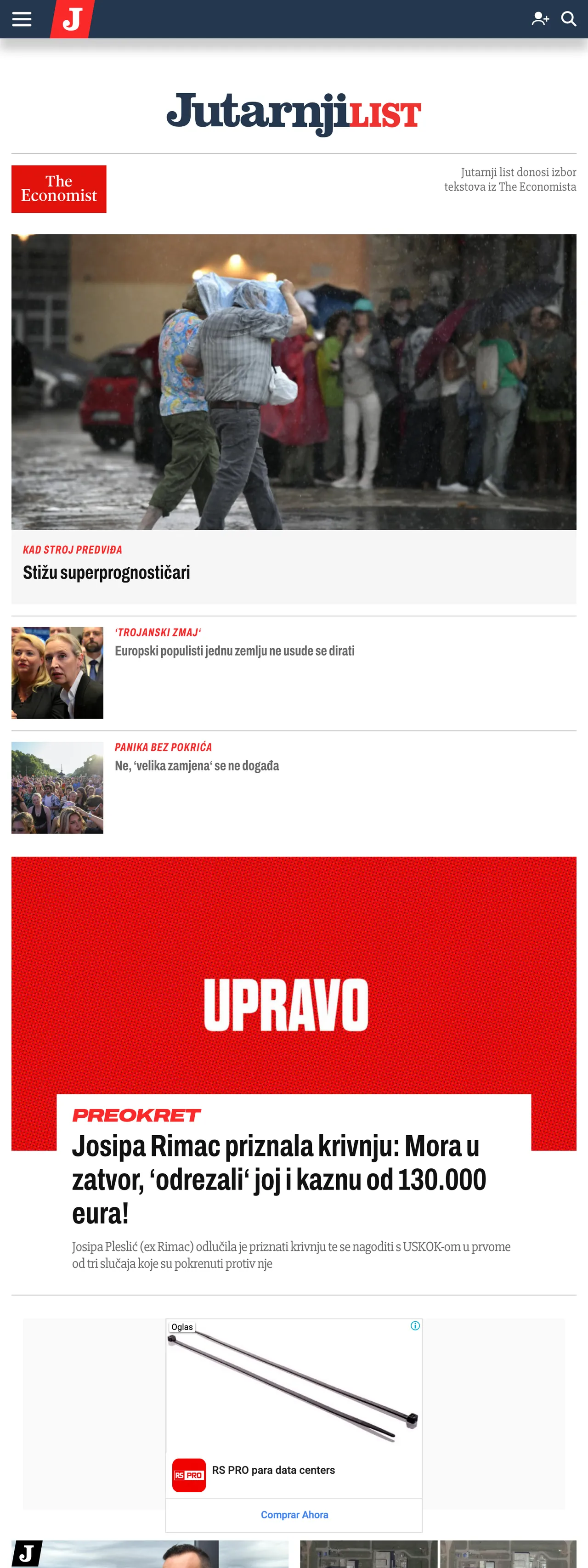 Screenshot of the Jutarnji list front page