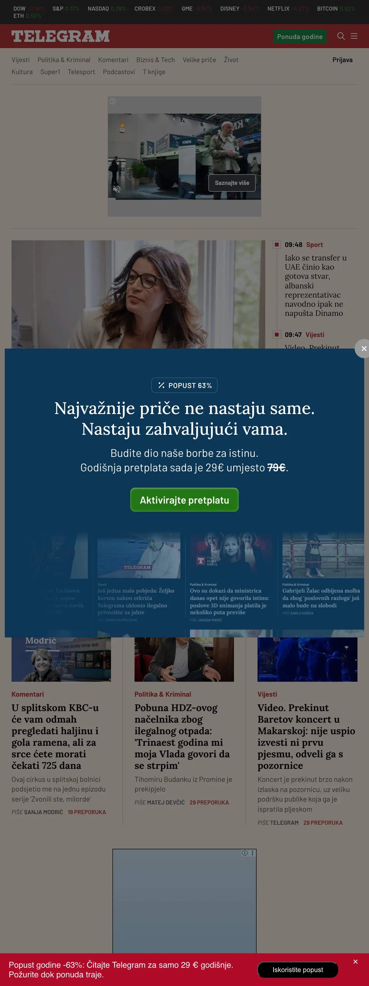 Screenshot of the Telegram.hr front page