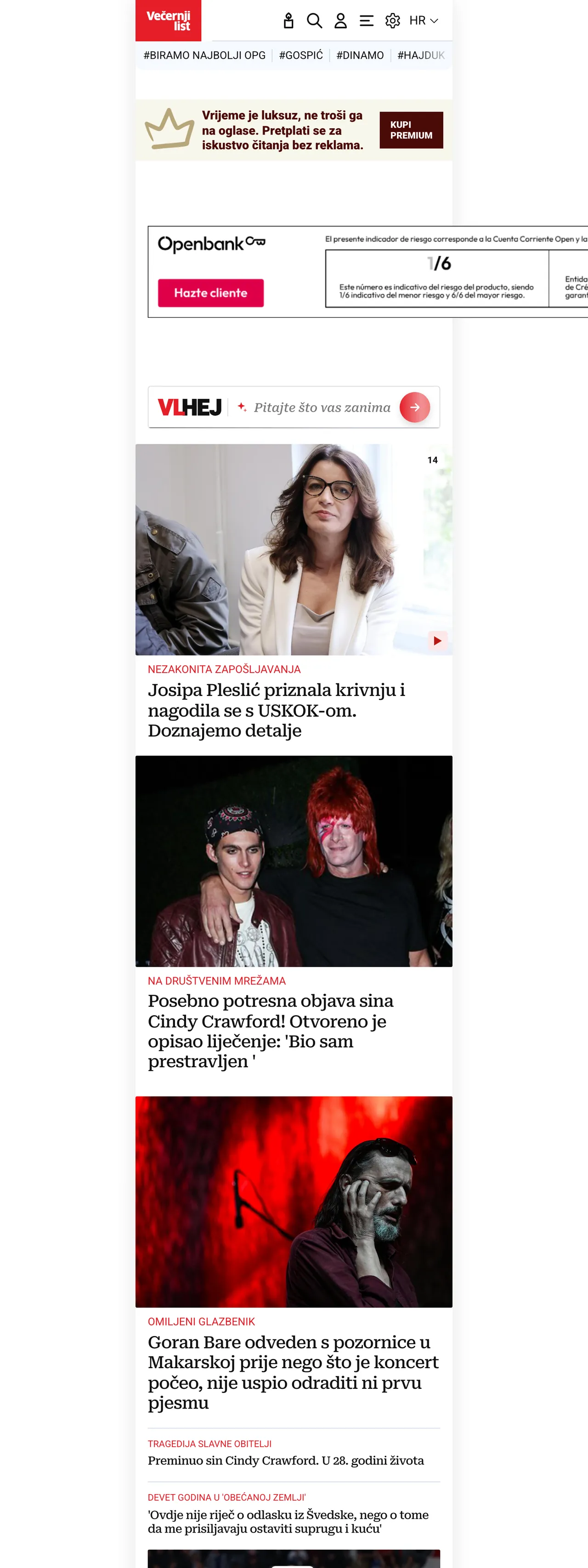 Screenshot of the Večernji list front page