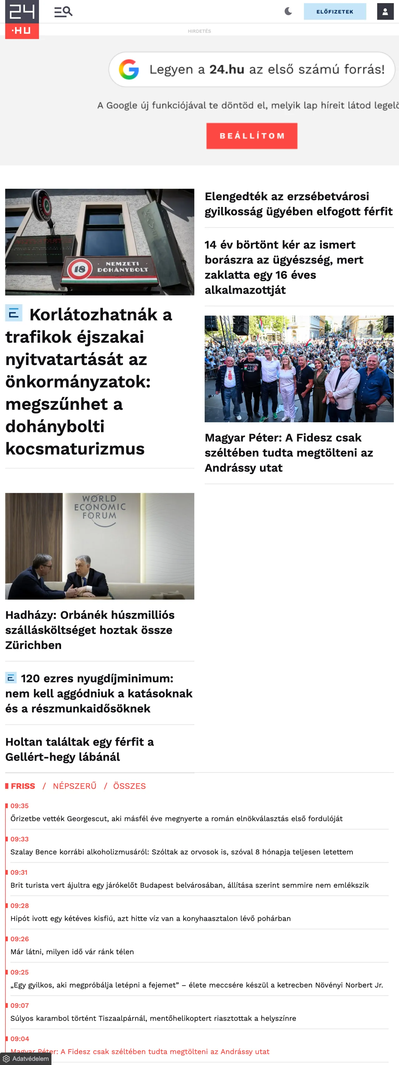Screenshot of the 24.hu front page