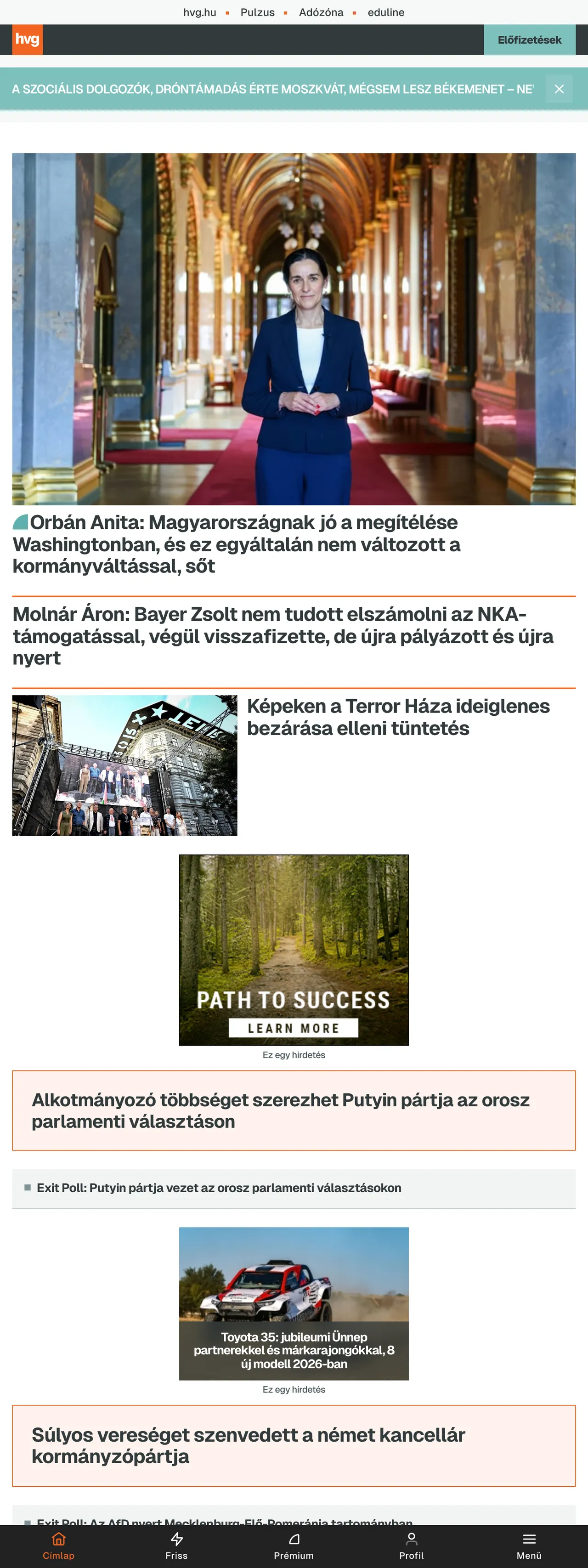 Screenshot of the HVG front page