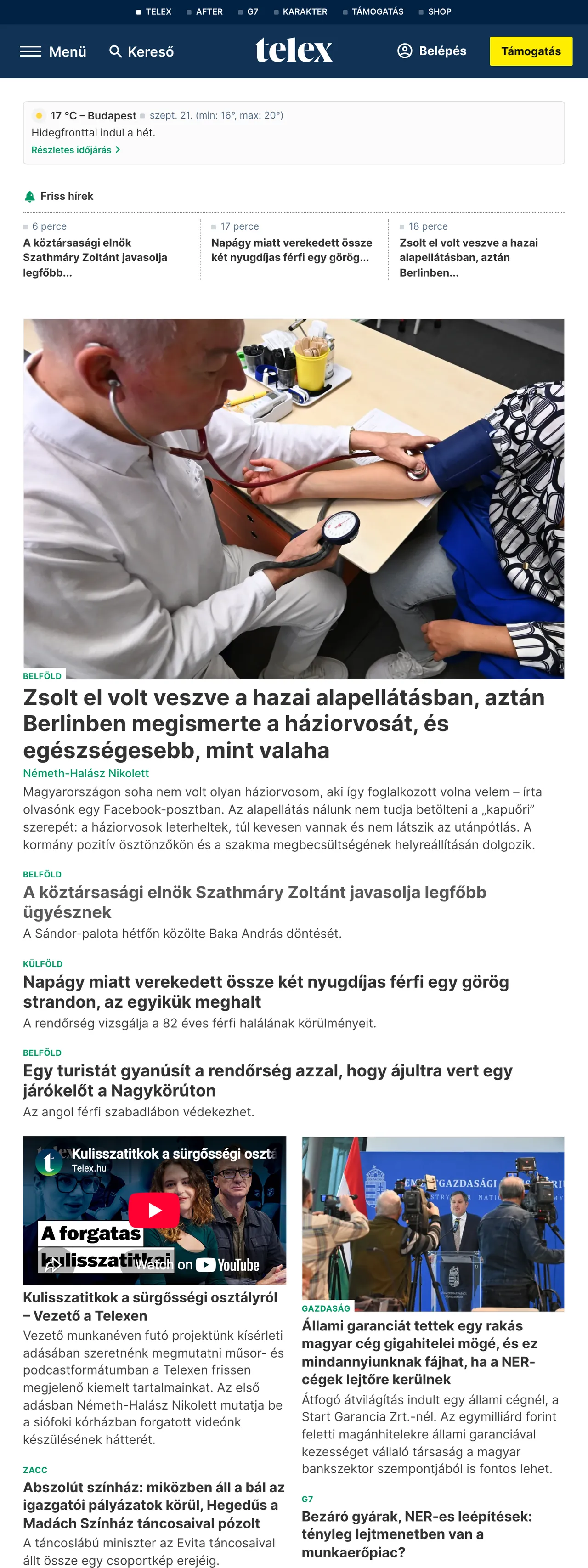 Screenshot of the Telex front page