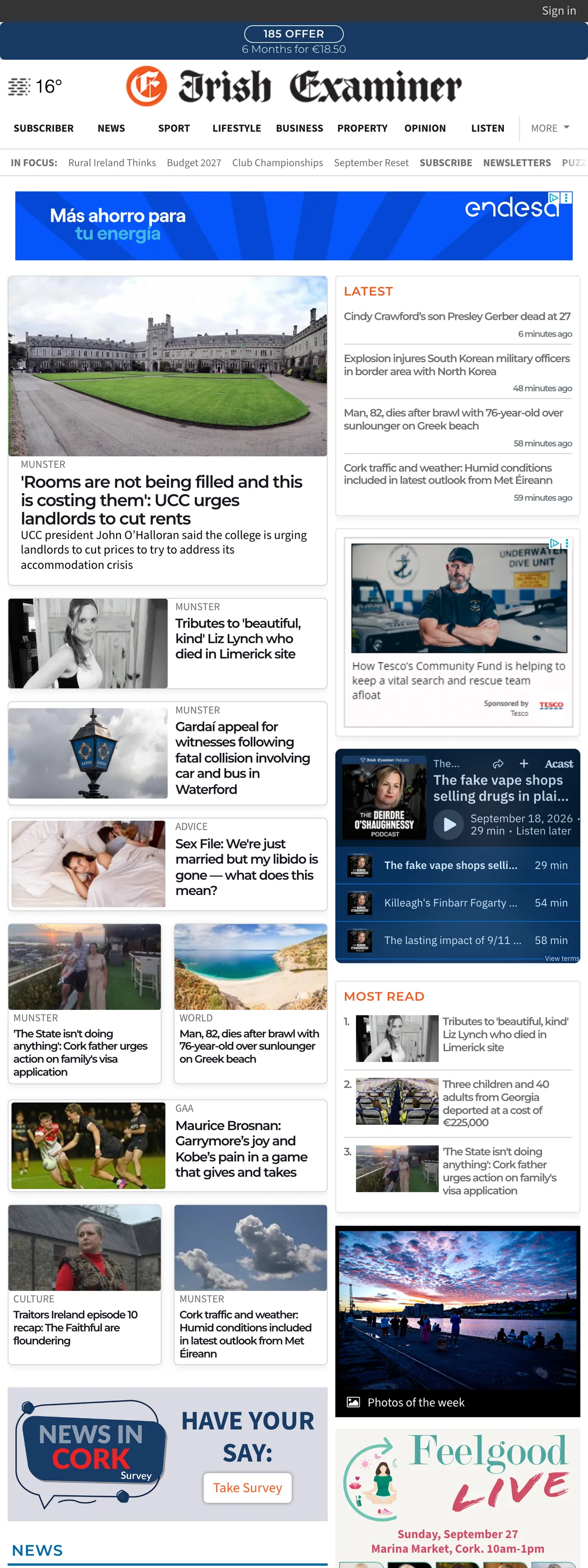 Screenshot of the Irish Examiner front page