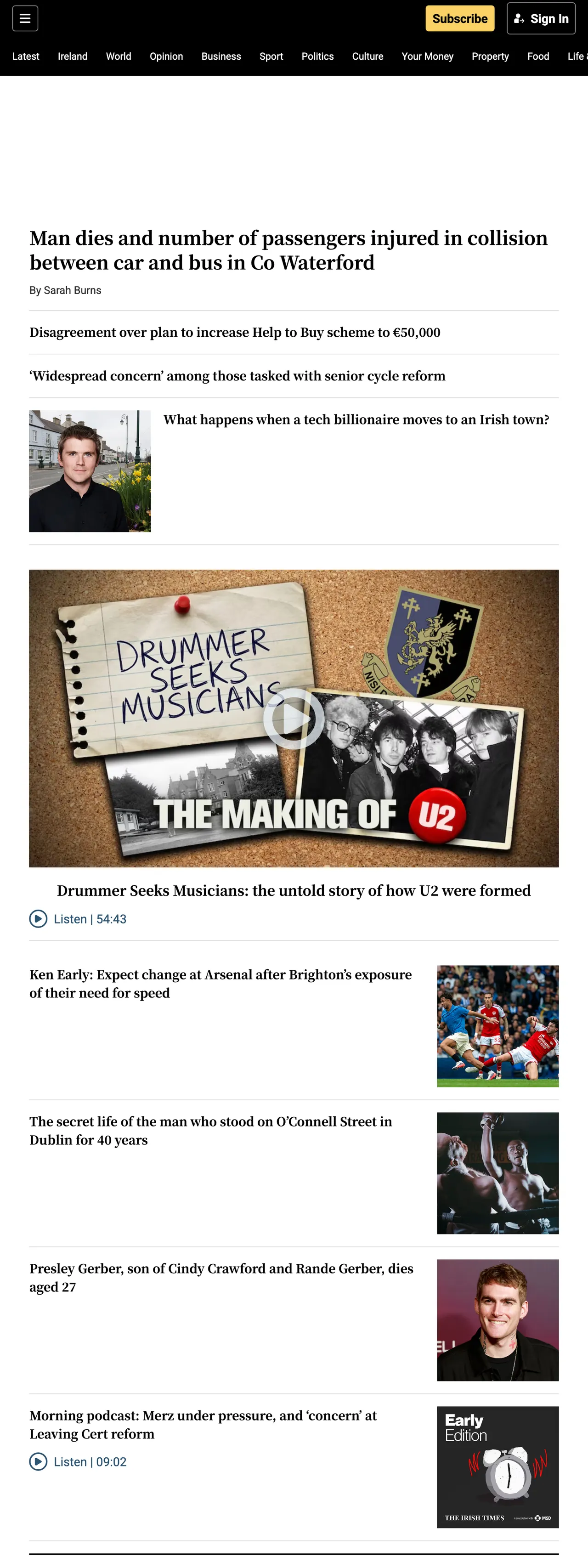 Screenshot of the The Irish Times front page