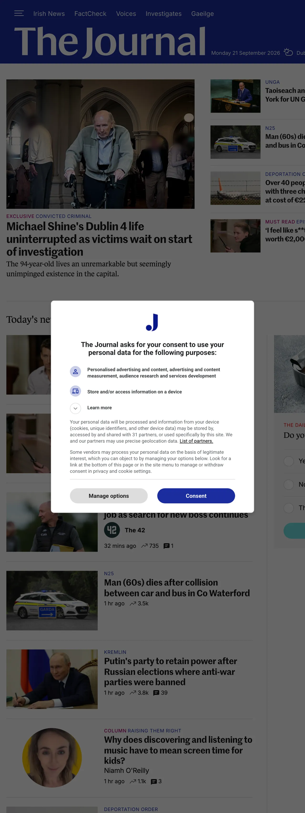 Screenshot of the TheJournal.ie front page