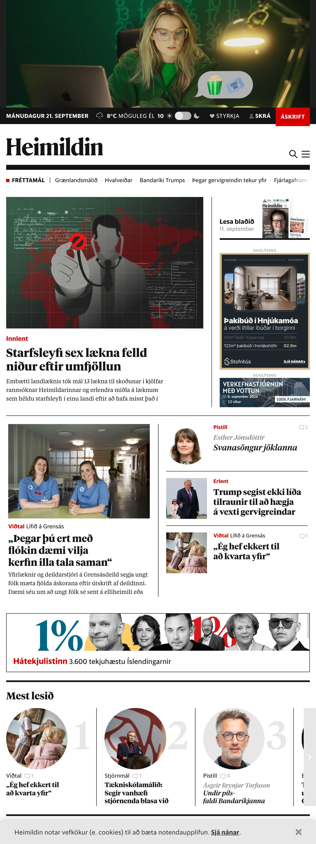 Screenshot of the Heimildin front page