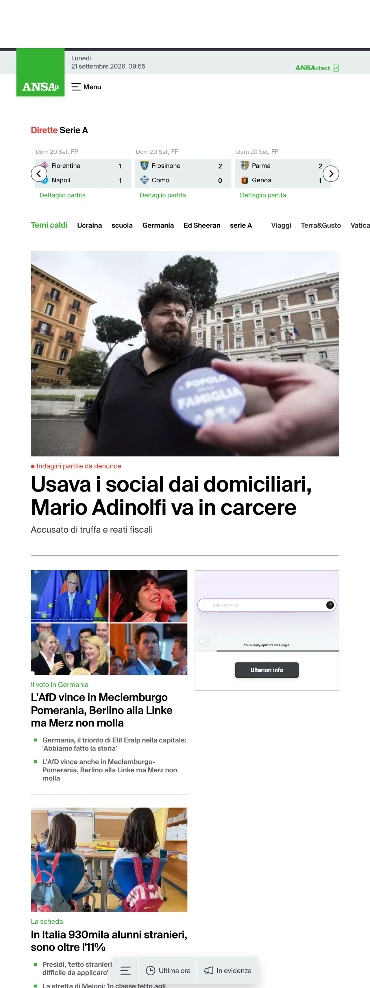 Screenshot of the ANSA front page