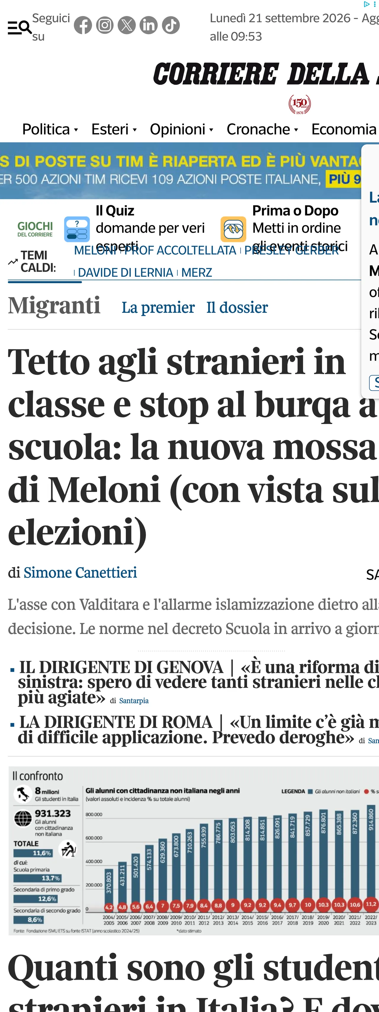 Screenshot of the Corriere della Sera front page