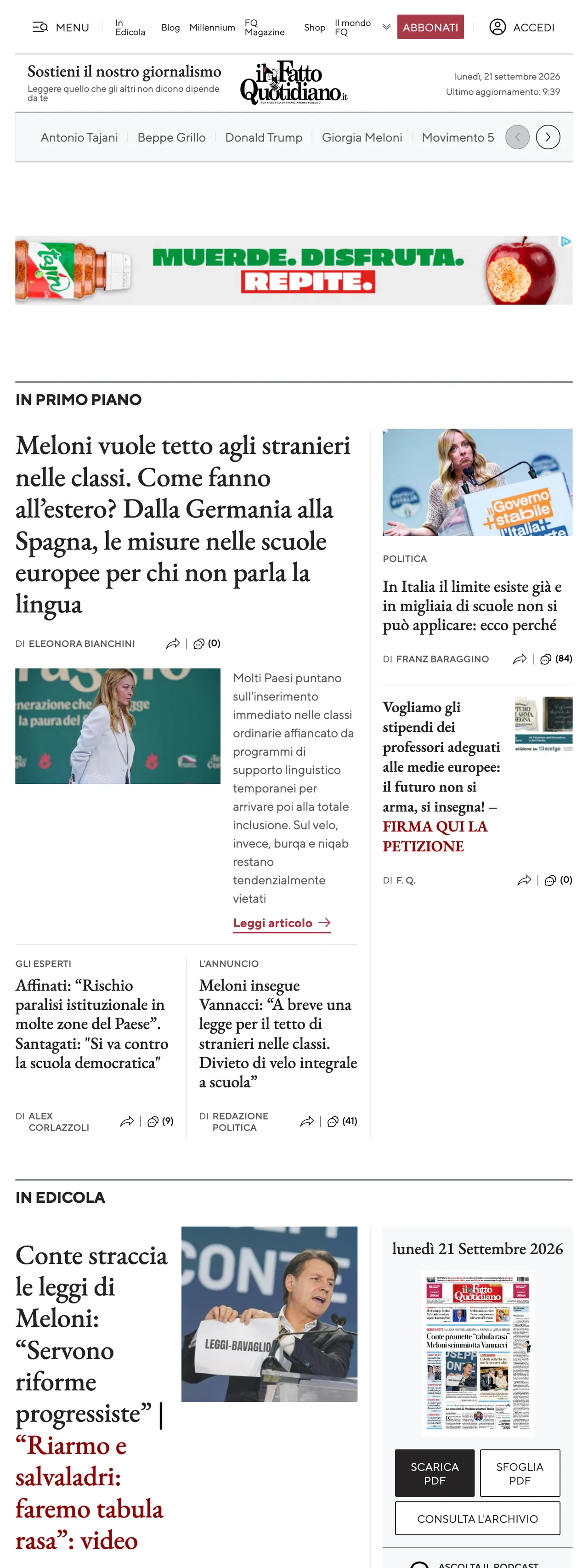 Screenshot of the Il Fatto Quotidiano front page
