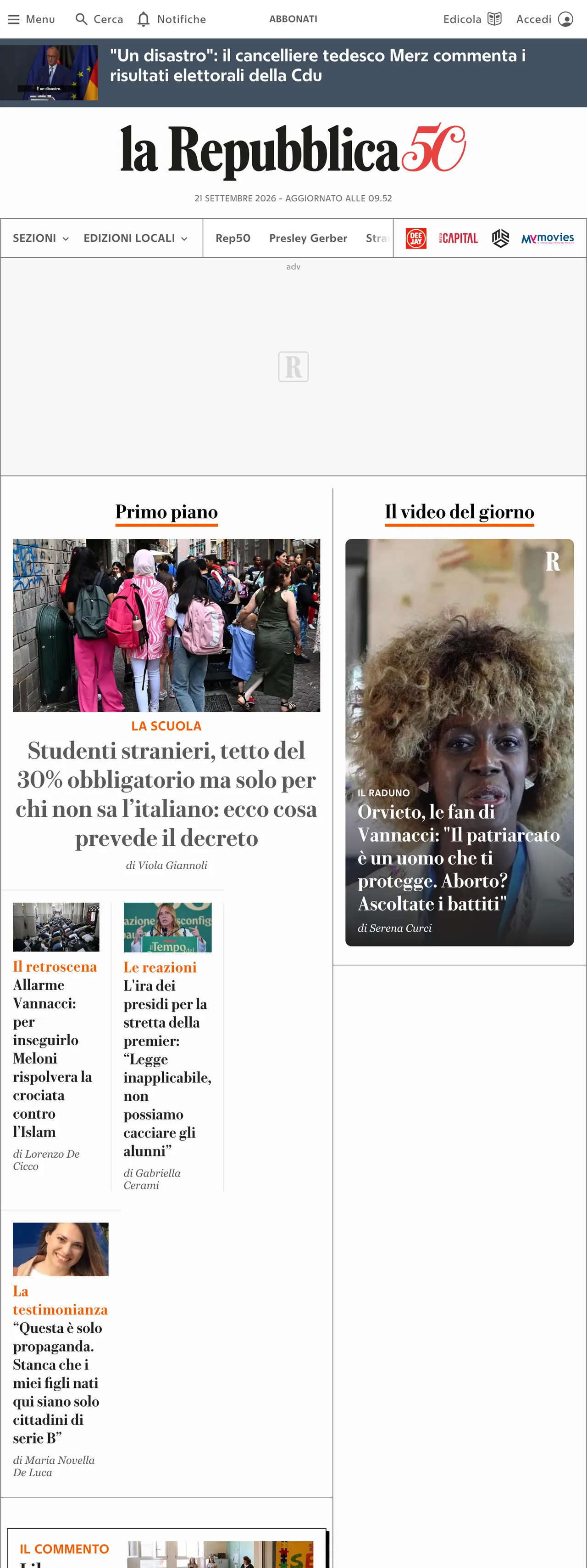 Screenshot of the la Repubblica front page