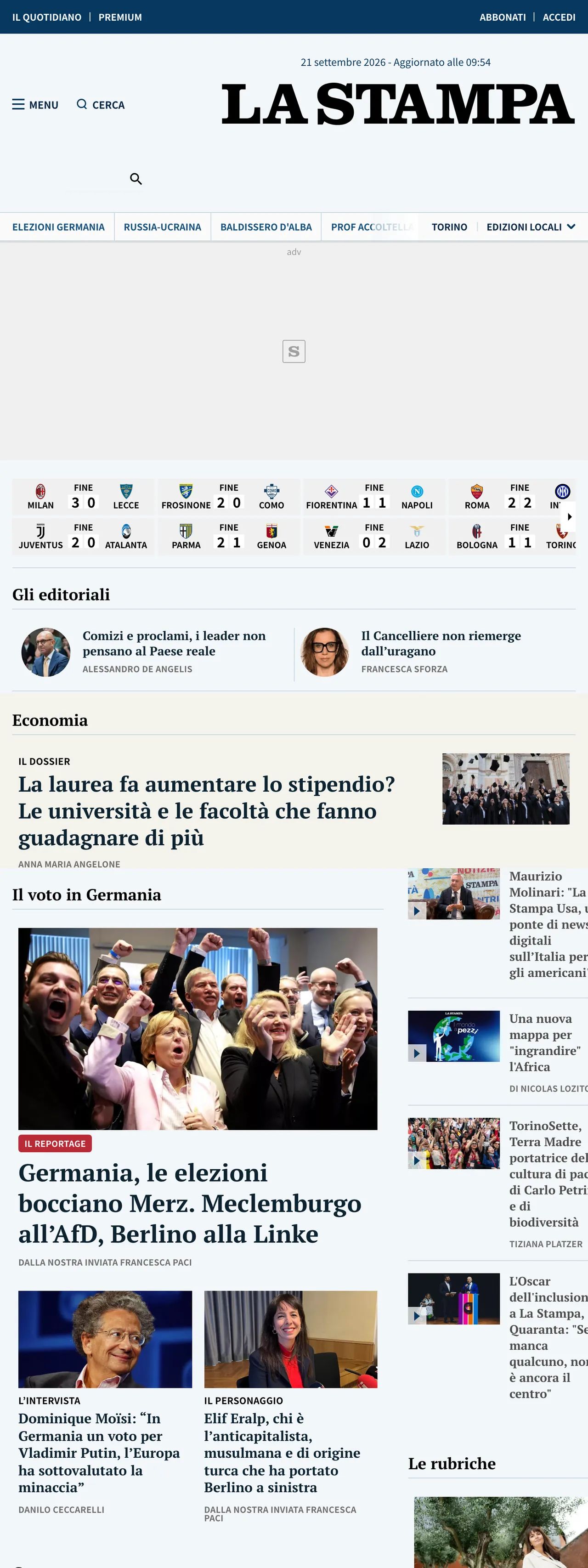Screenshot of the La Stampa front page
