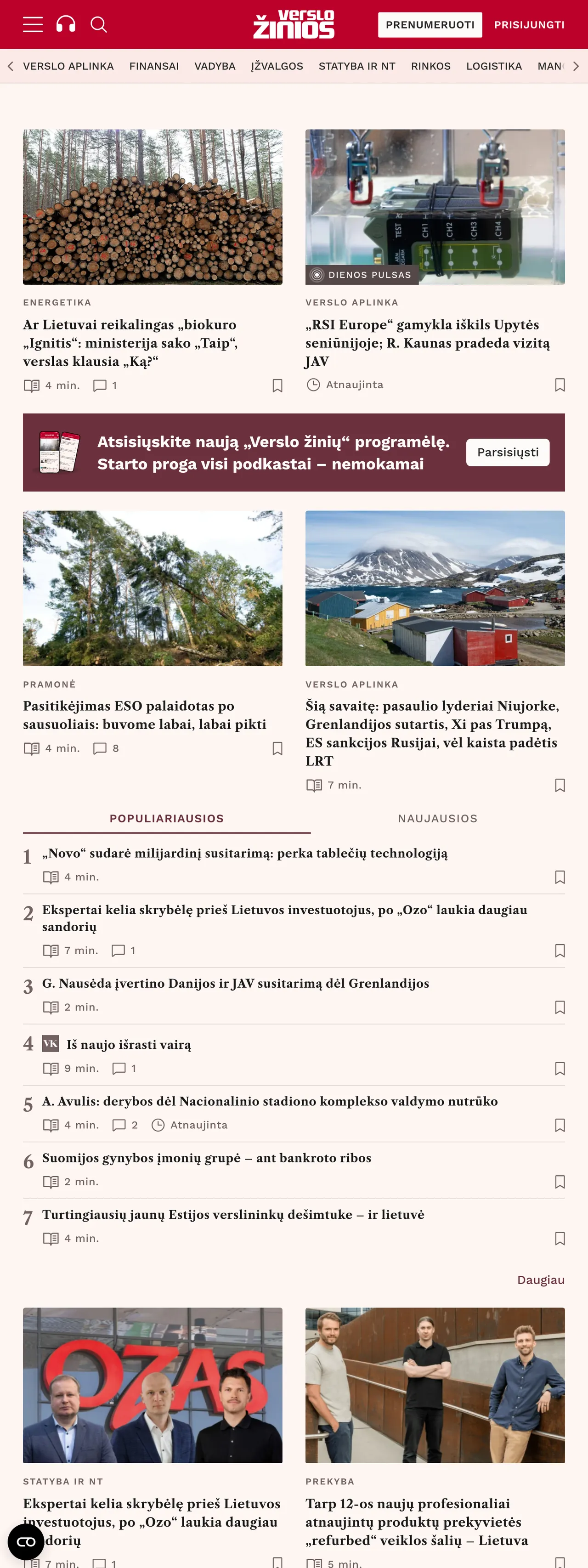 Screenshot of the Verslo žinios front page