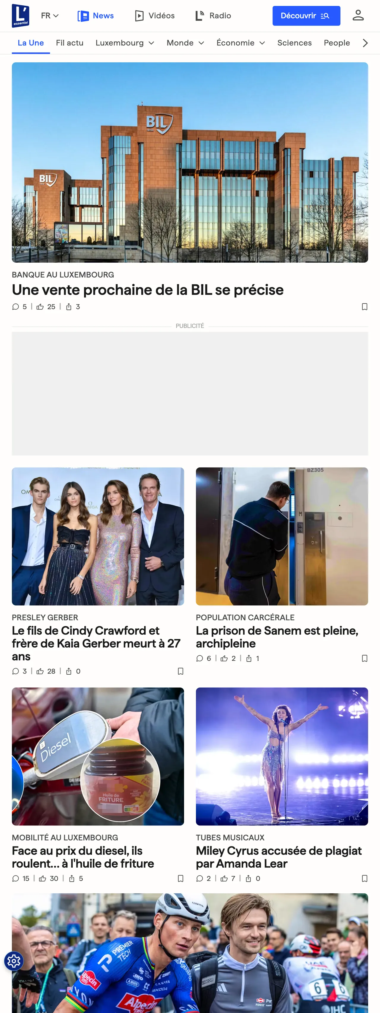 Screenshot of the L'essentiel front page