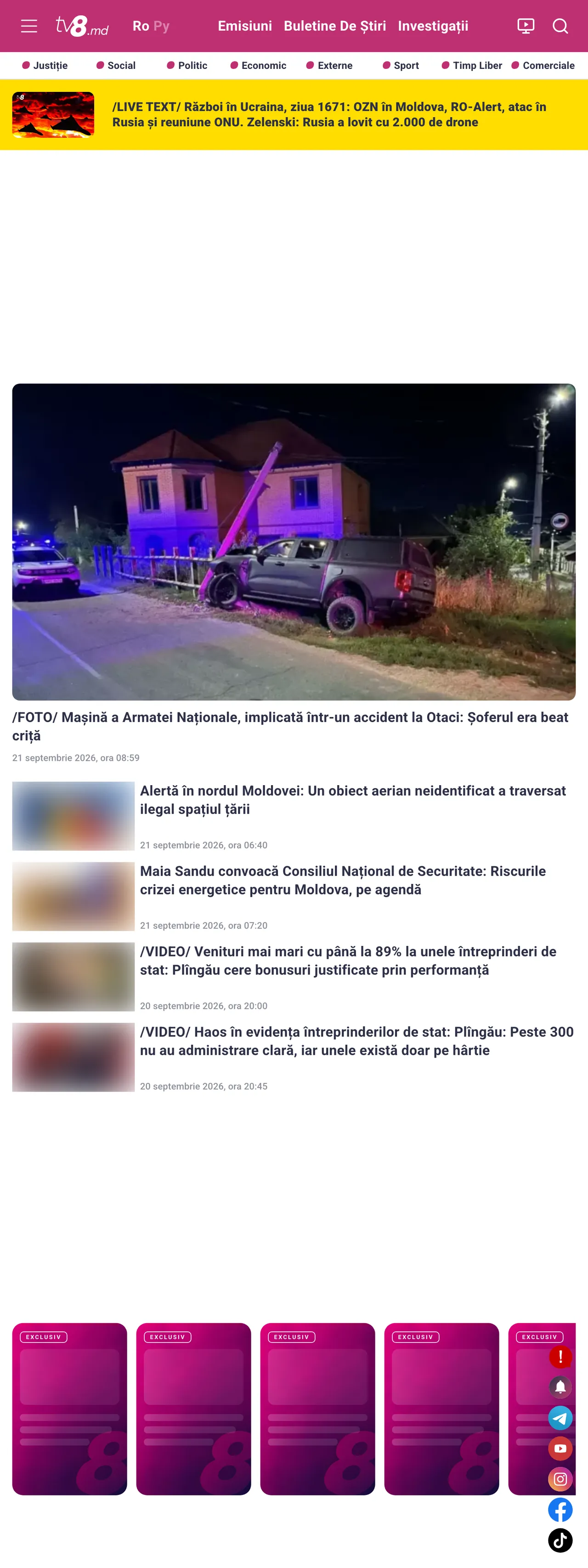 Screenshot of the TV8 front page