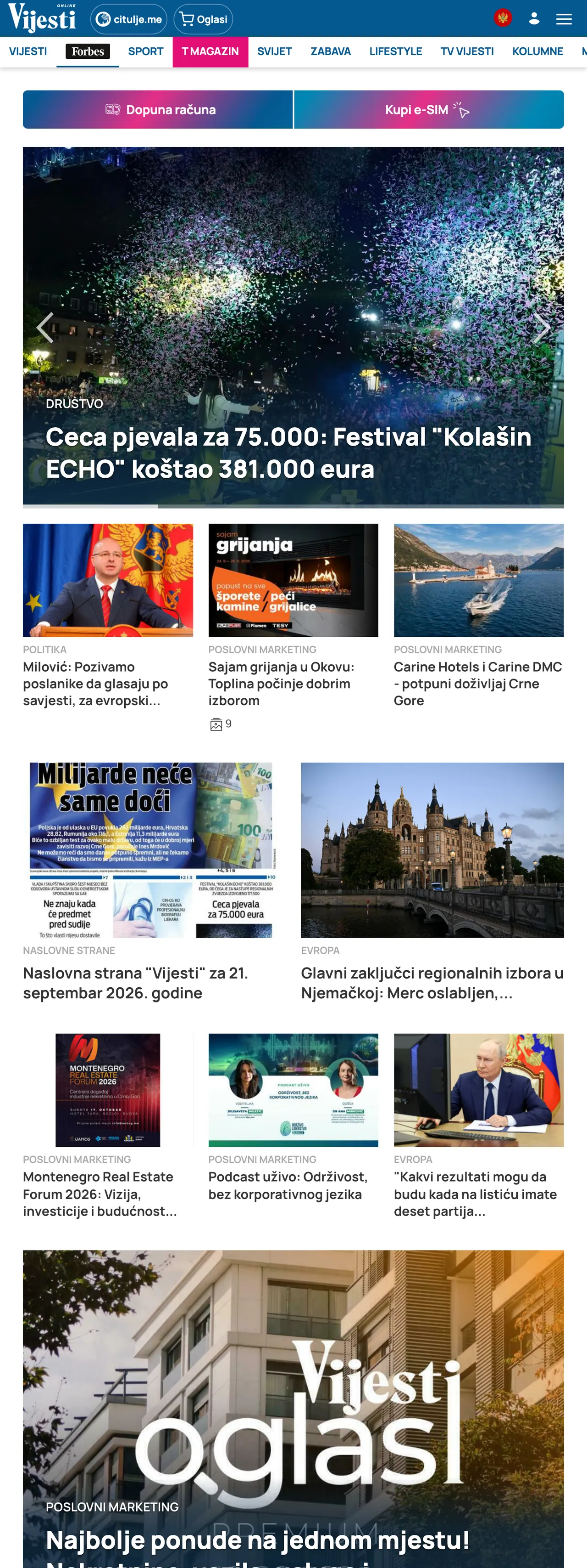 Screenshot of the Vijesti front page