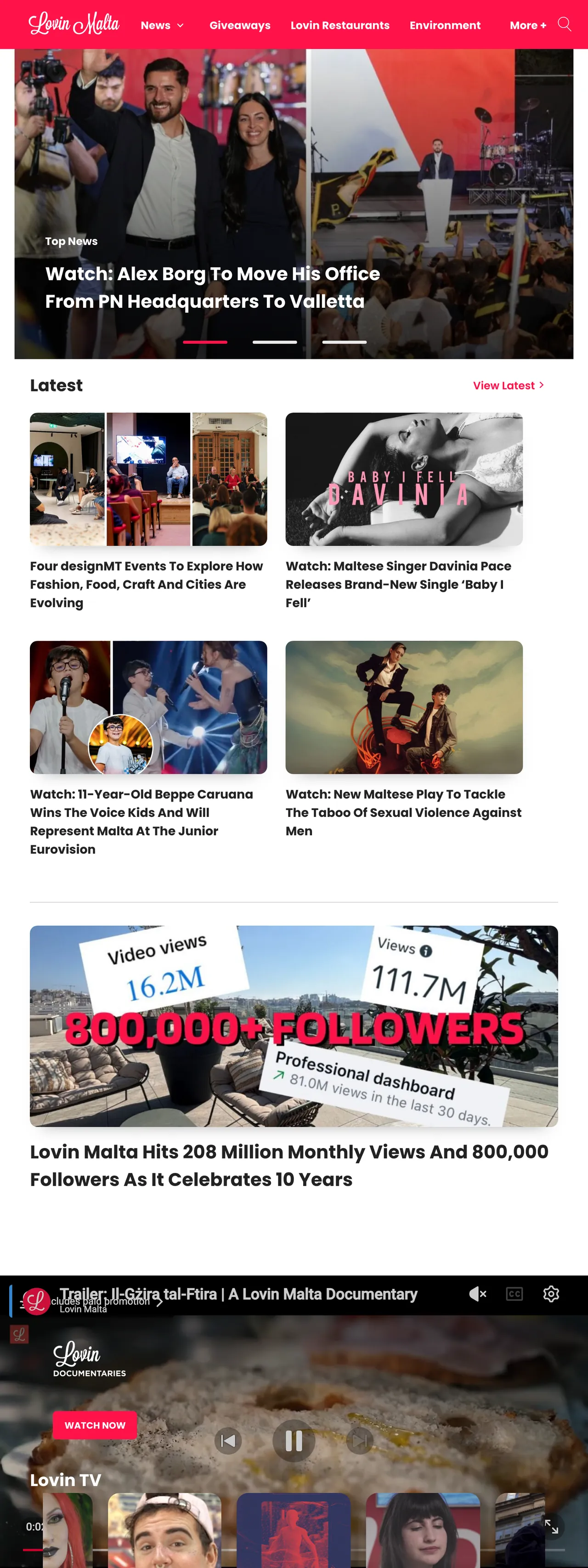 Screenshot of the Lovin Malta front page