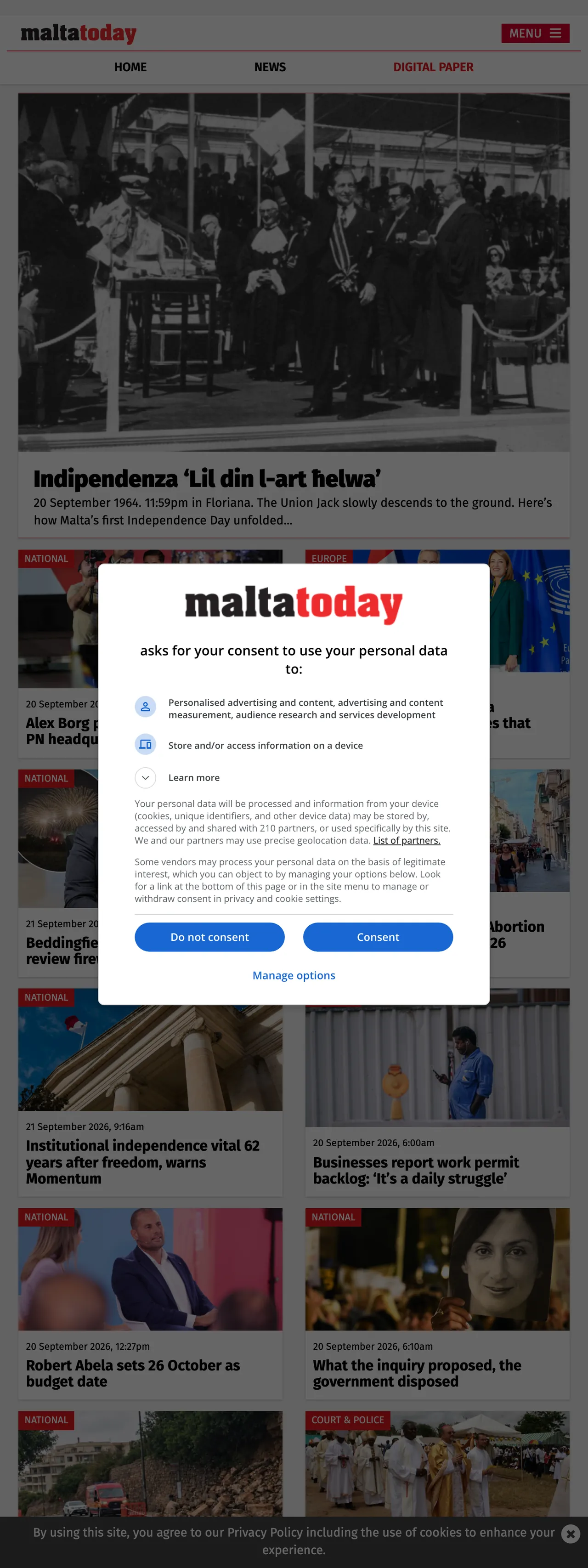 Screenshot of the Malta Today front page