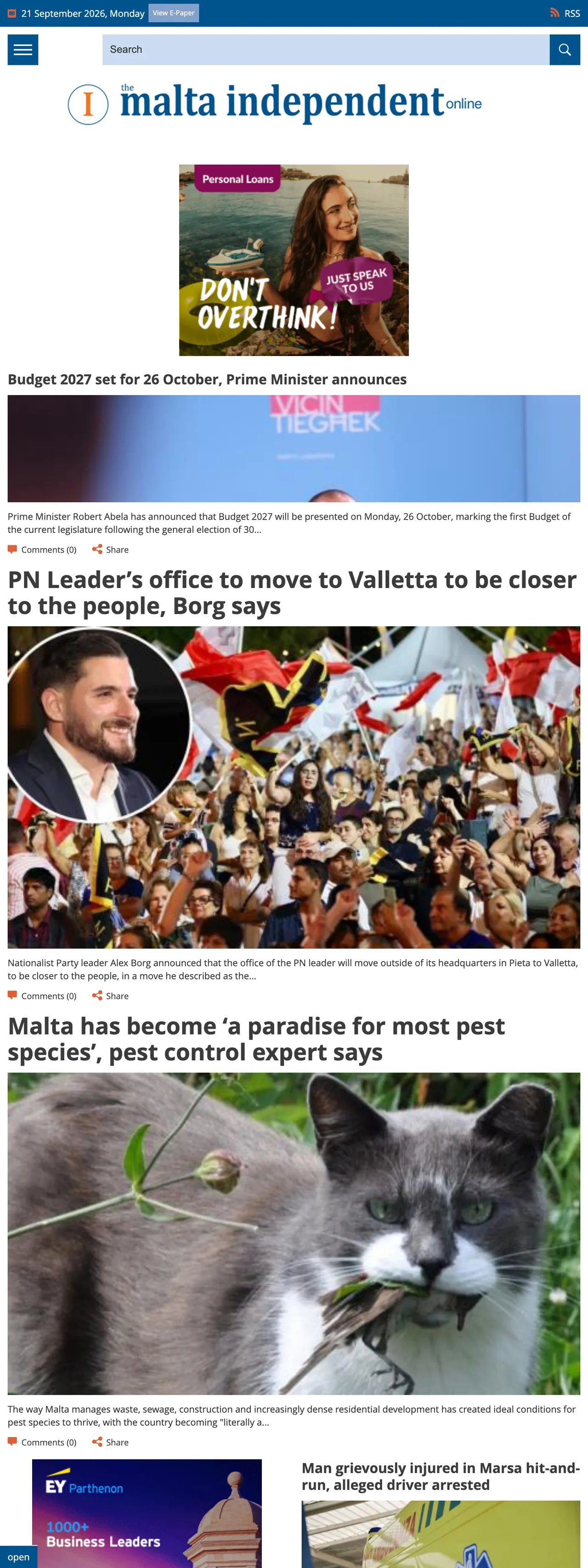 Screenshot of the The Malta Independent front page