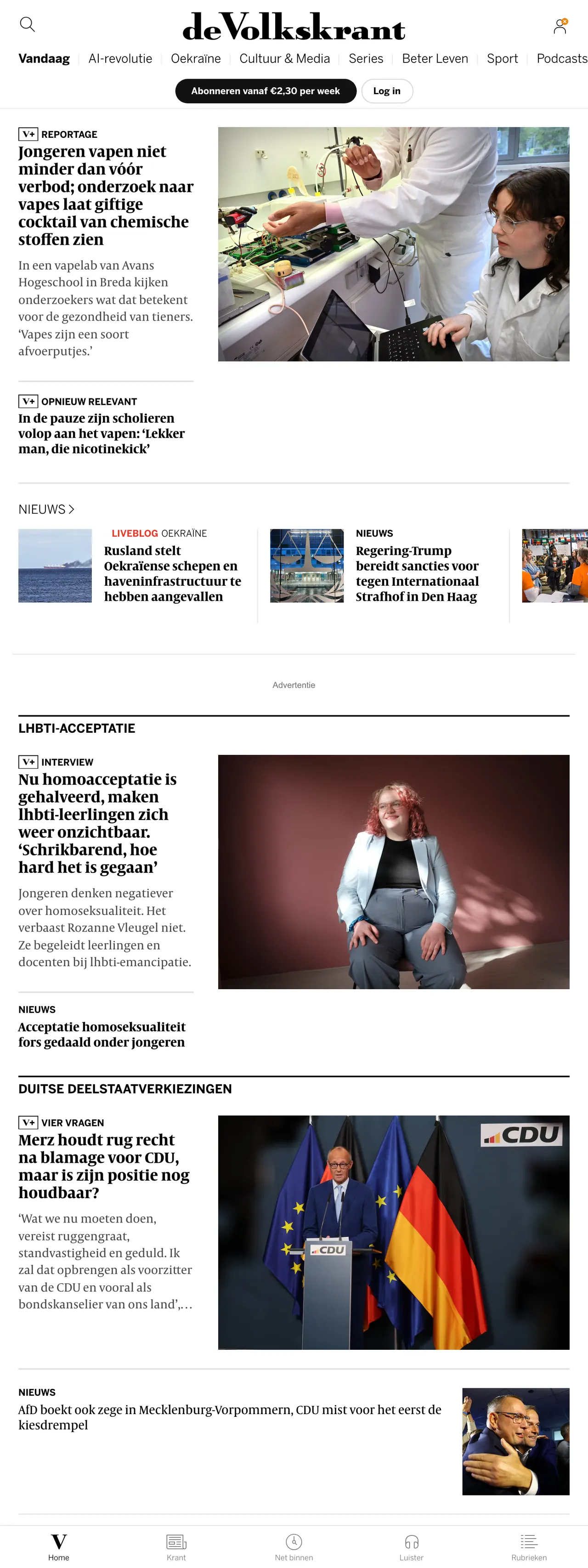 Screenshot of the de Volkskrant front page