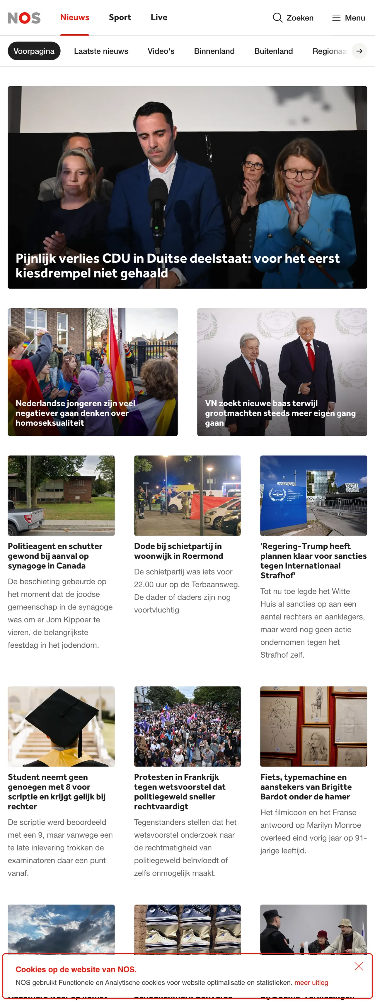 Screenshot of the NOS front page