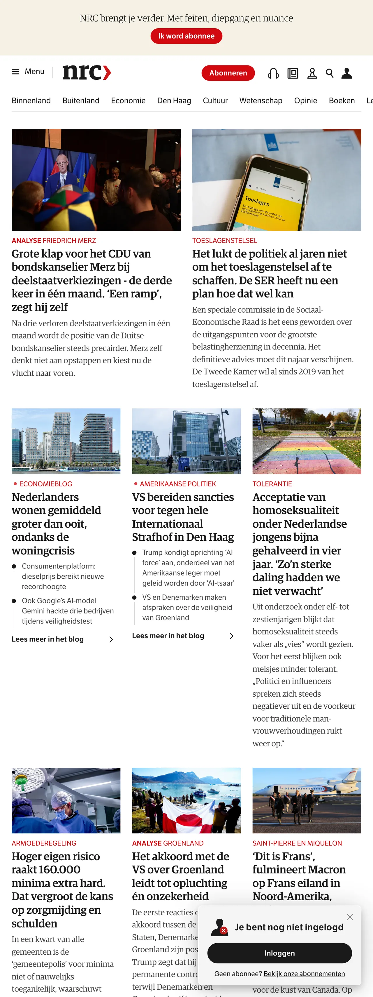 Screenshot of the NRC front page