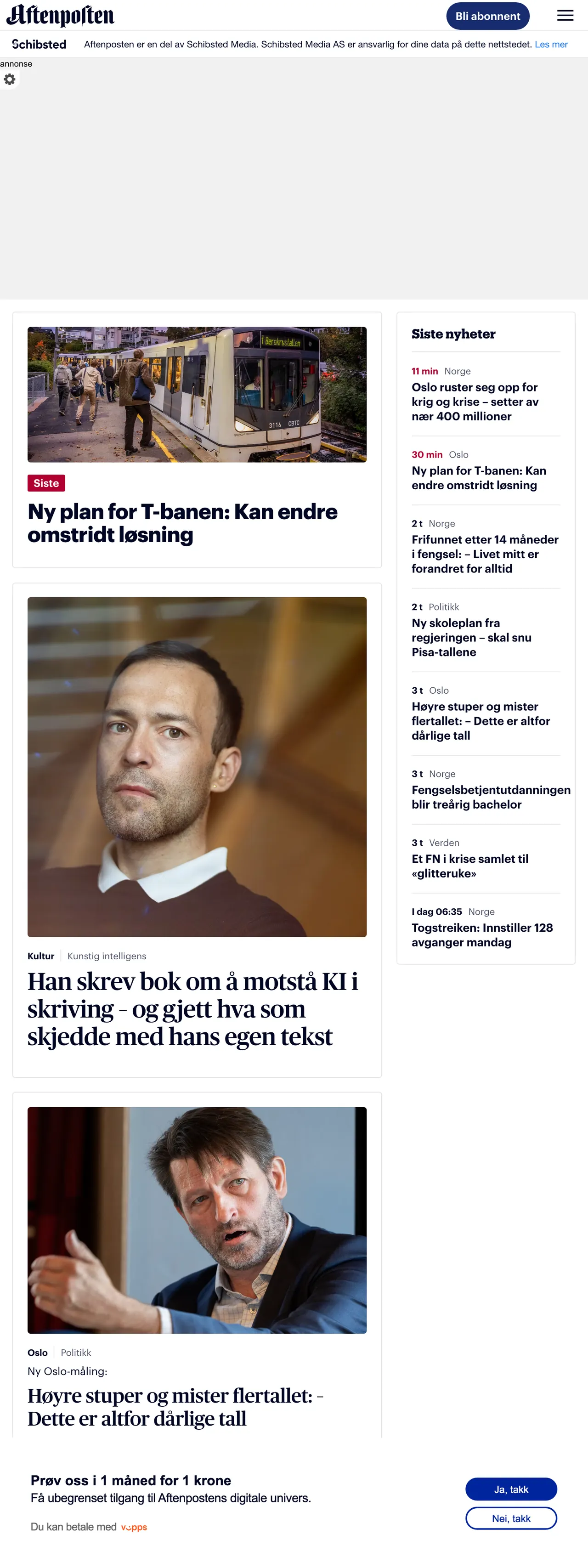 Screenshot of the Aftenposten front page