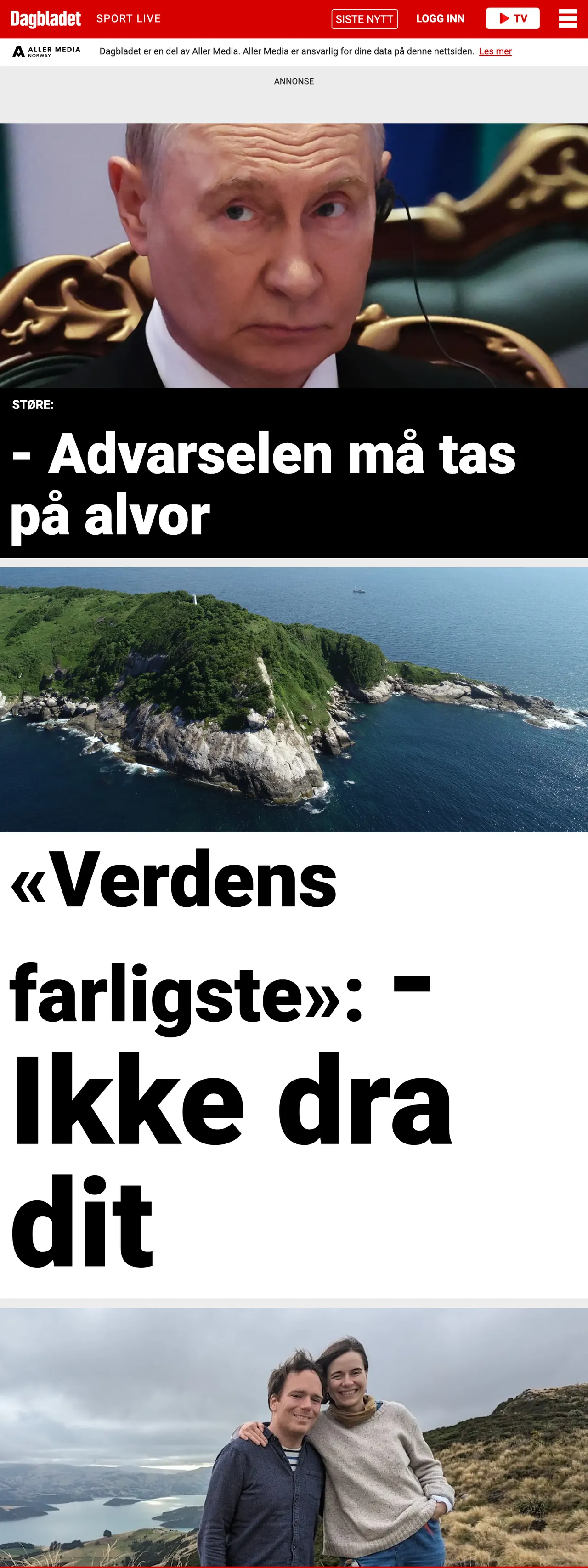 Screenshot of the Dagbladet front page