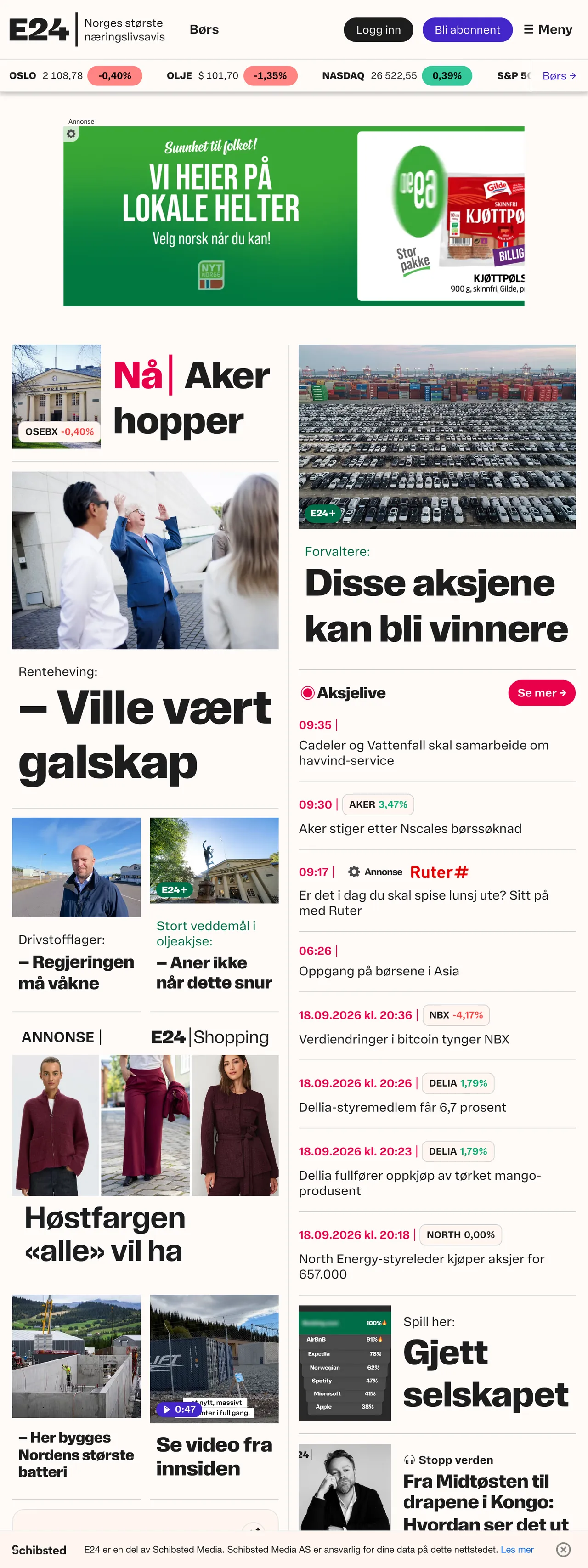 Screenshot of the E24 front page