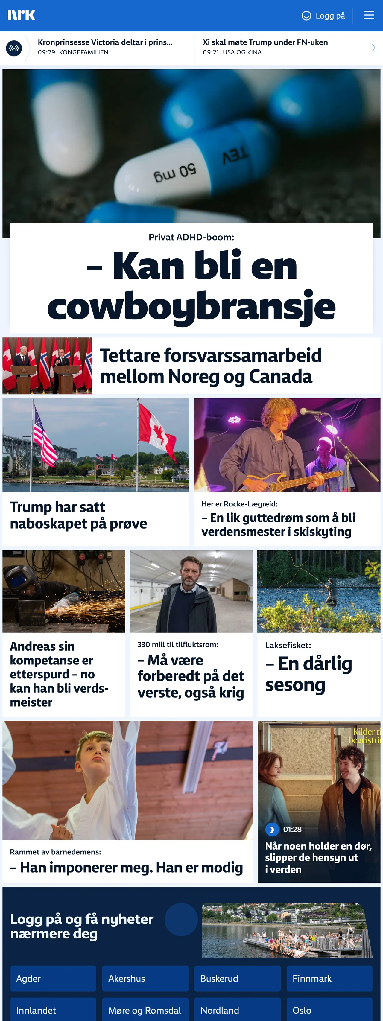 Screenshot of the NRK front page