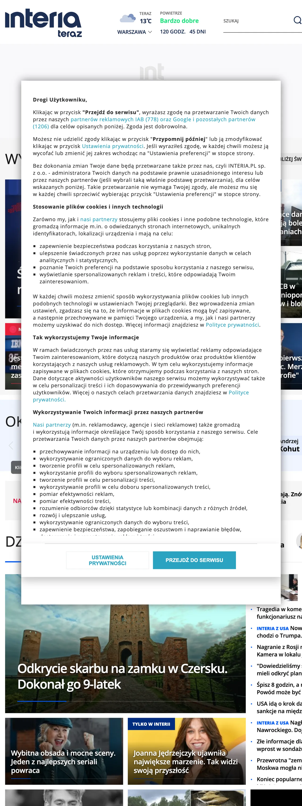 Screenshot of the Interia front page