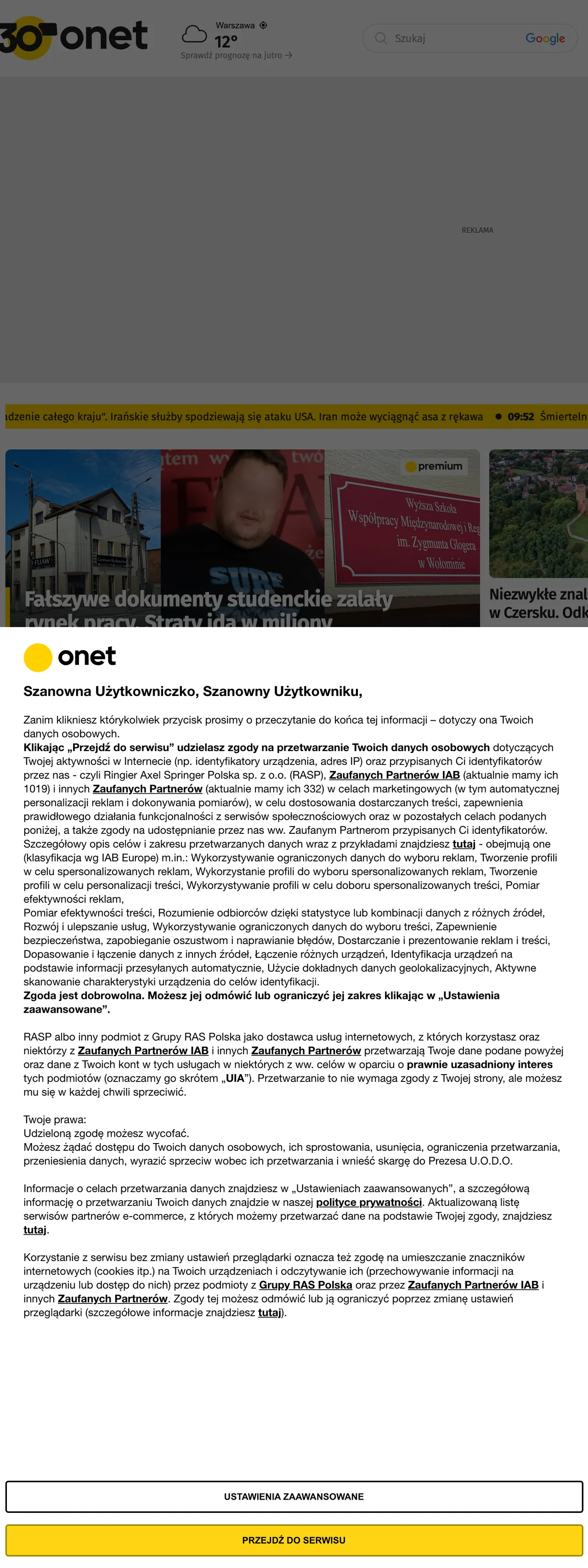 Screenshot of the Onet front page