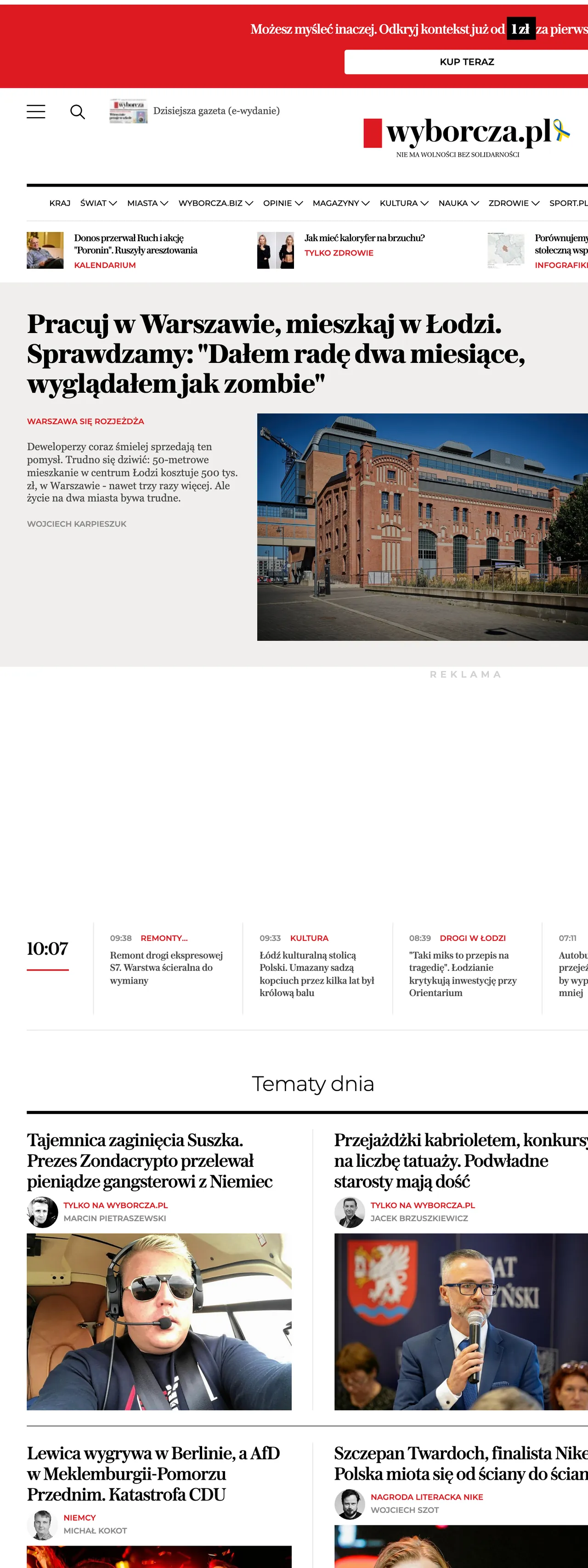 Screenshot of the Wyborcza front page