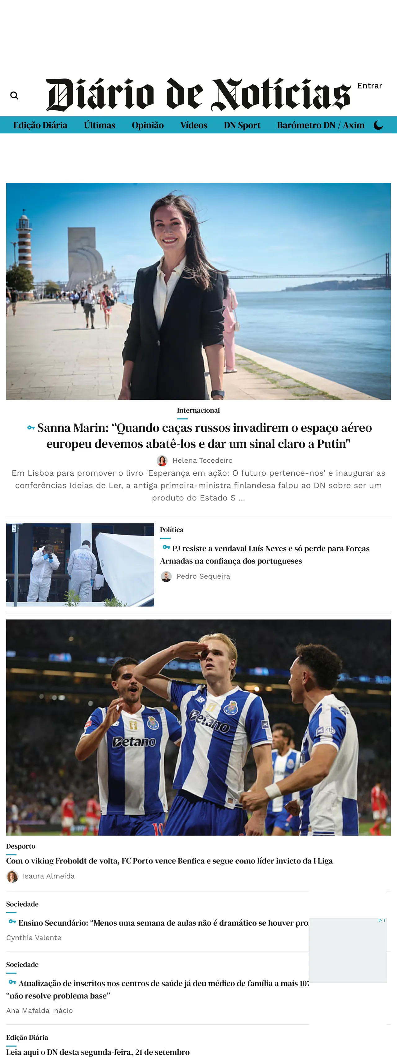 Screenshot of the Diário de Notícias front page