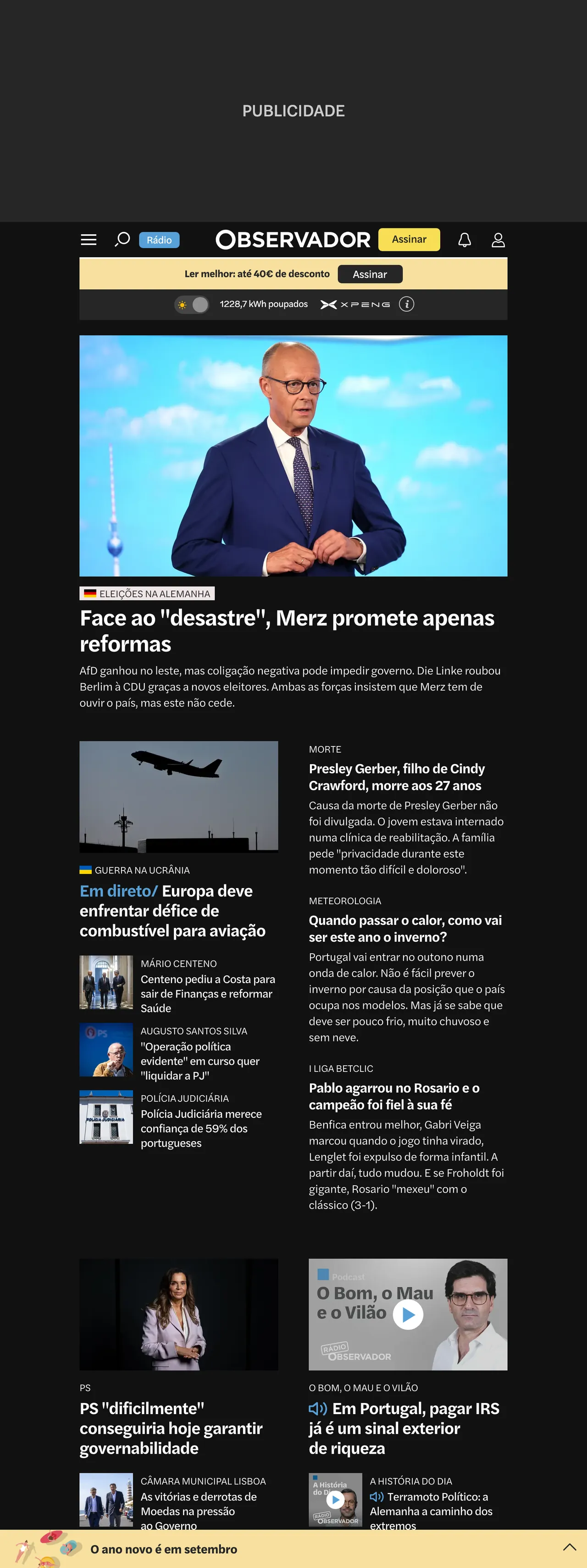 Screenshot of the Observador front page