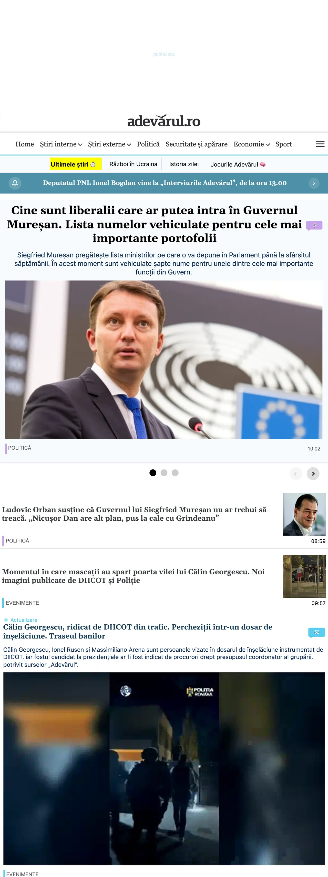 Screenshot of the Adevărul front page