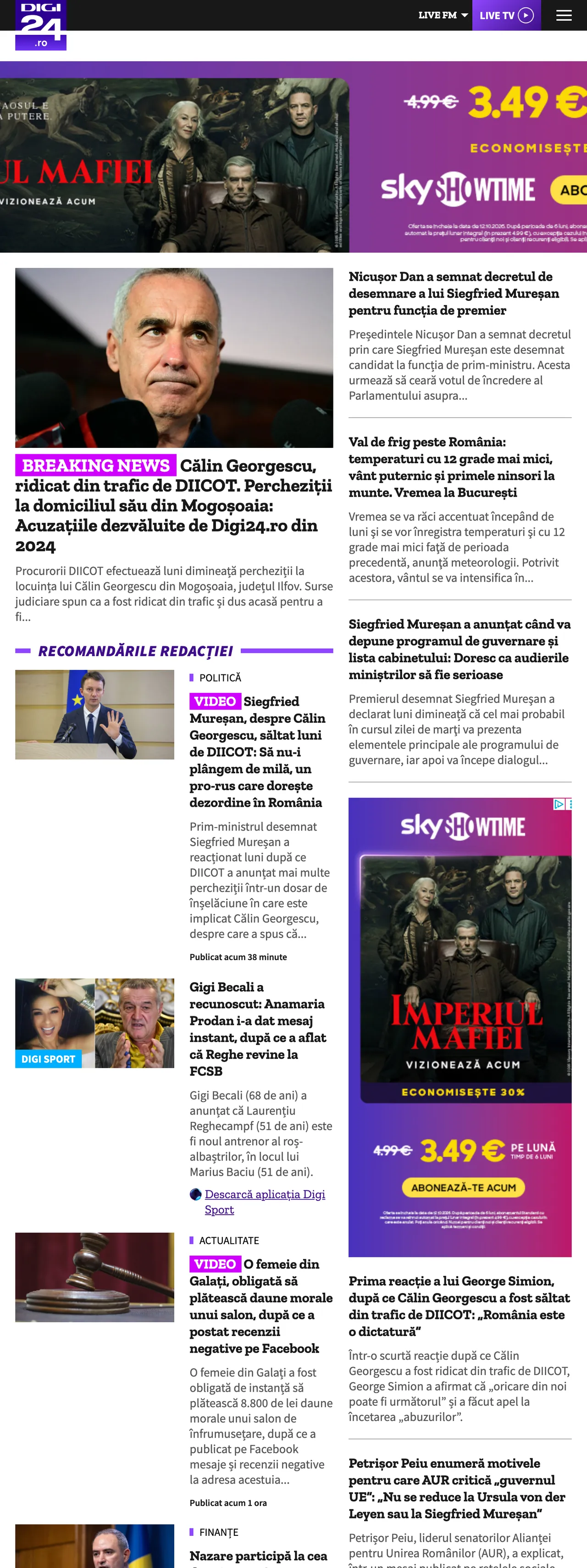 Screenshot of the Digi24 front page